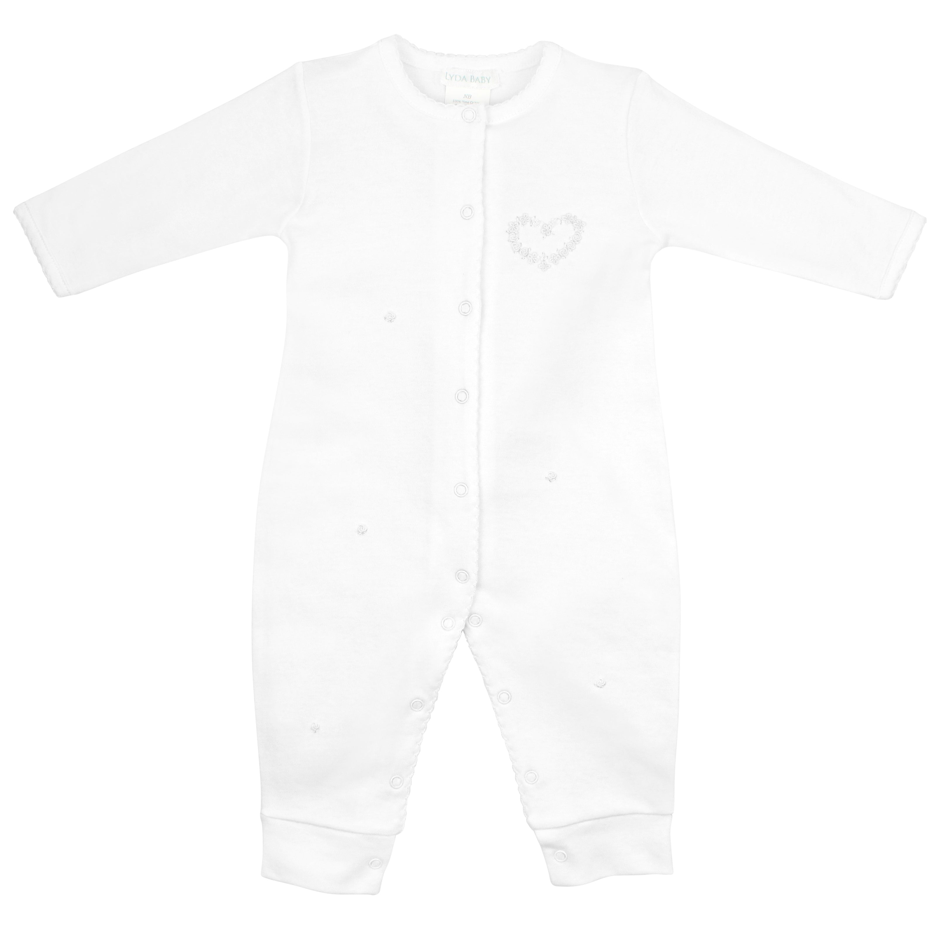 Luxury white footie for baby girl in Peruvian Pima cotton with hand-embroidered heart of white flowers