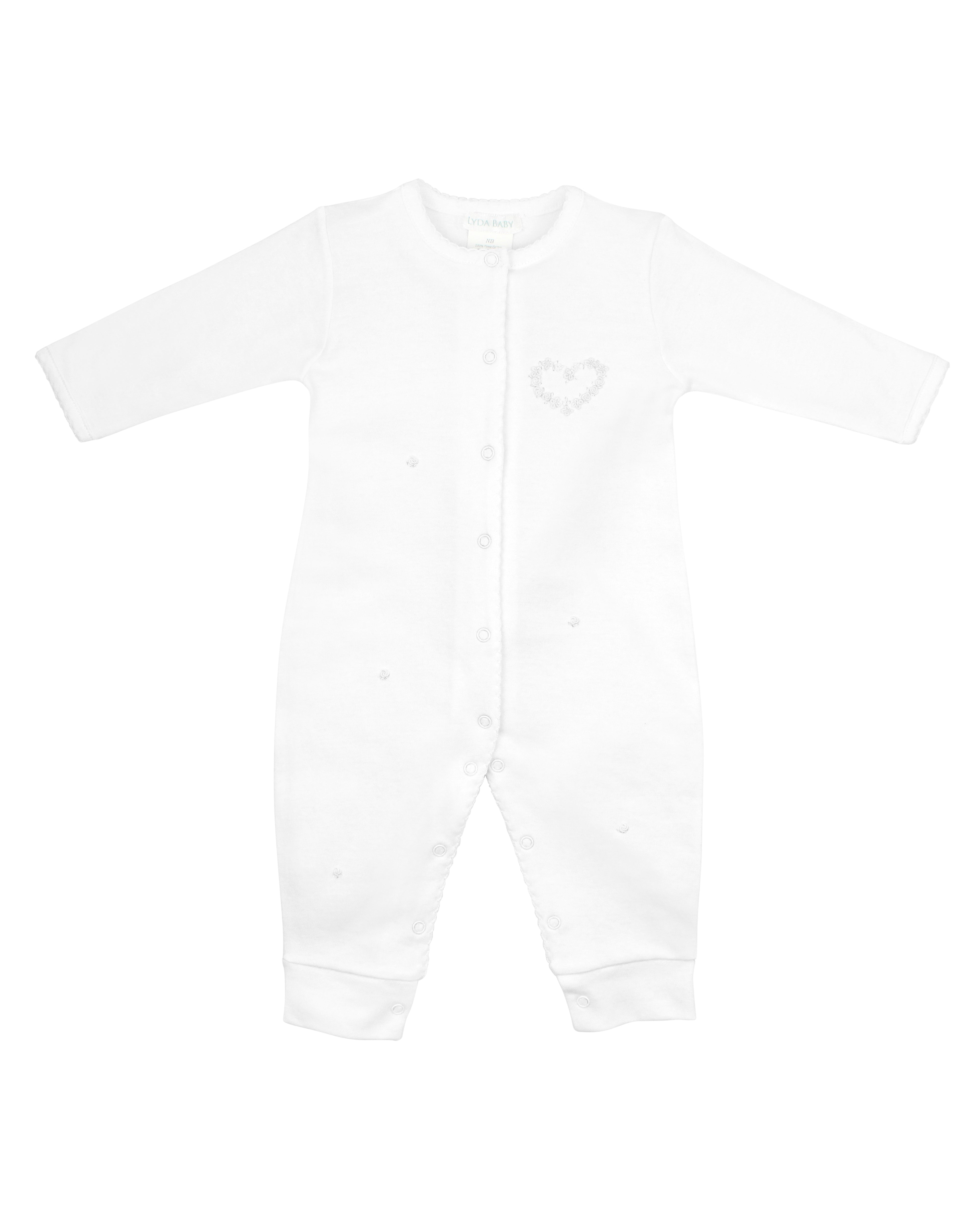 Luxury white footie for baby girl in Peruvian Pima cotton with hand-embroidered heart of white flowers