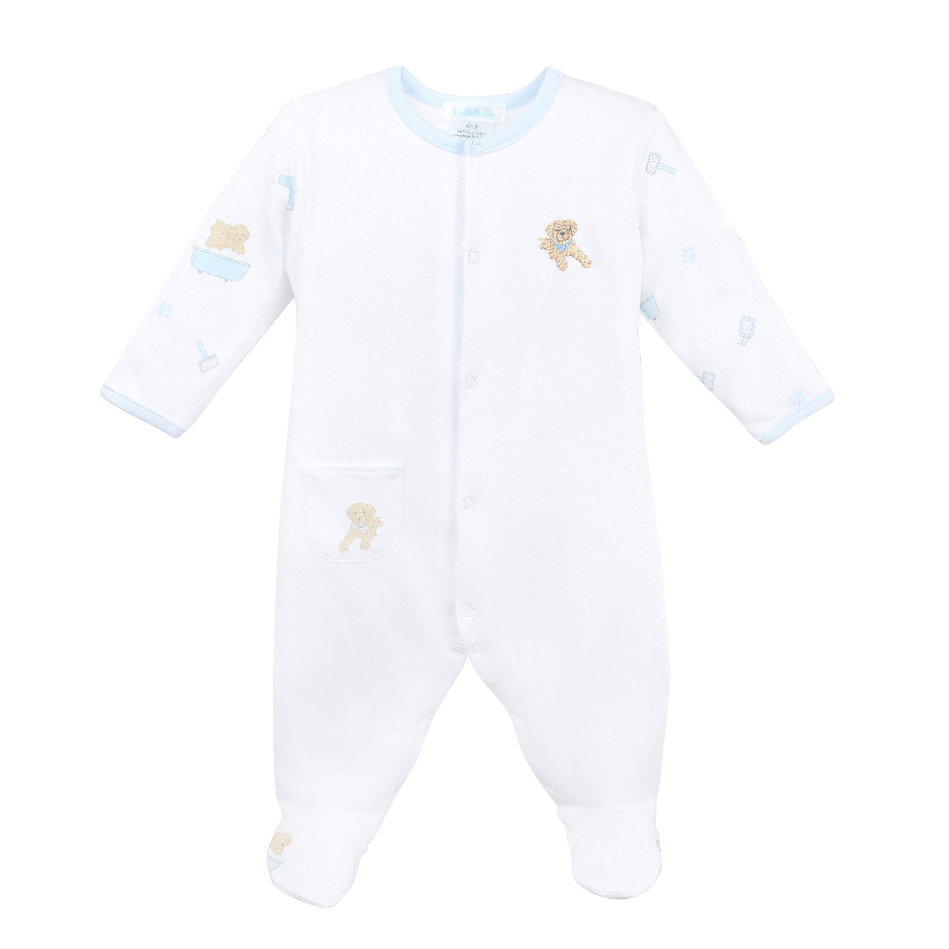 Cozy baby boy footie in Peruvian Pima cotton, with a playful pet spa print on sleeves and feet, and hand-embroidered puppy in a blue bathtub on the chest — ultra-soft, breathable, and full of personality.