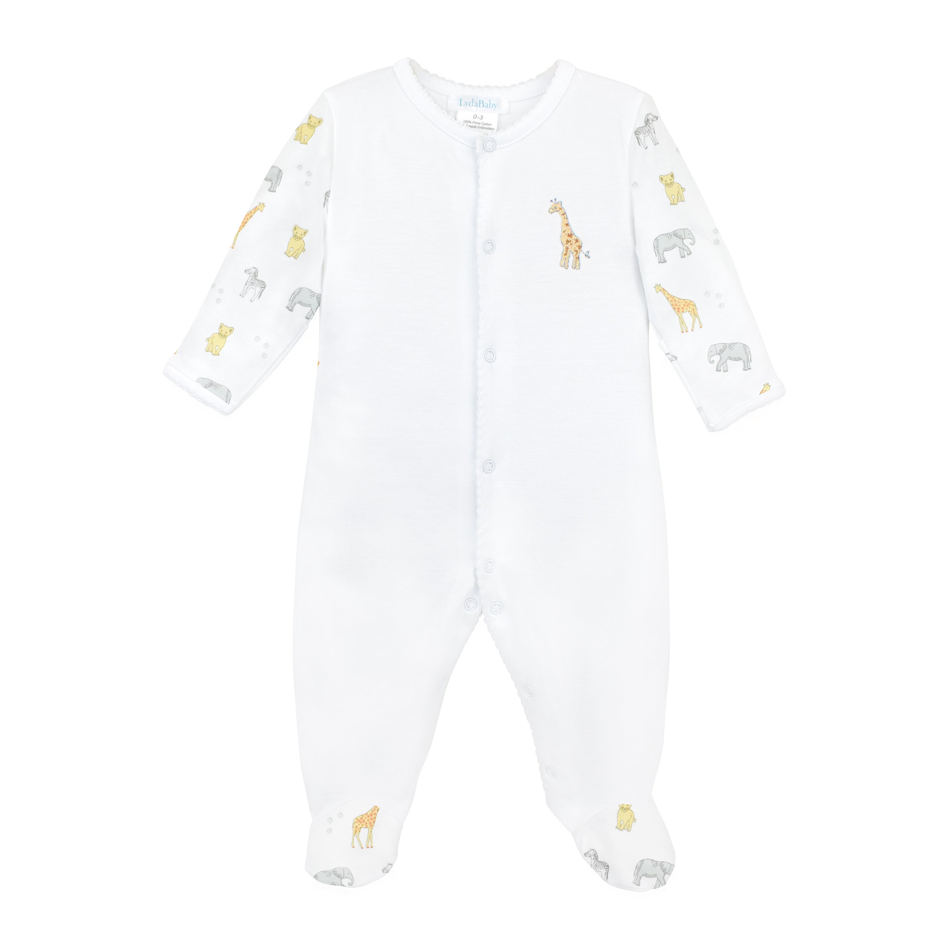 Unisex baby footie made from ultra-soft Peruvian Pima cotton, featuring safari animals print on sleeves and feet, and hand-embroidered wildlife scene on the chest — breathable, hypoallergenic, and full of adventurous charm.