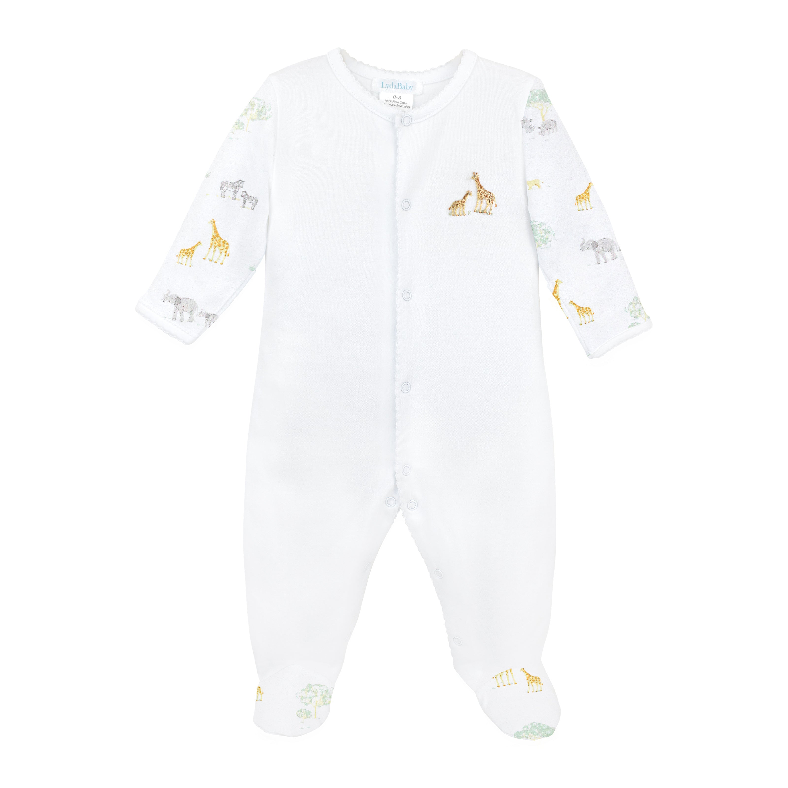 Unisex baby footie in premium Peruvian Pima cotton, with Safari Life print on sleeves and feet, and hand-embroidered safari animals on the chest — breathable, soft, and perfect for little explorers.