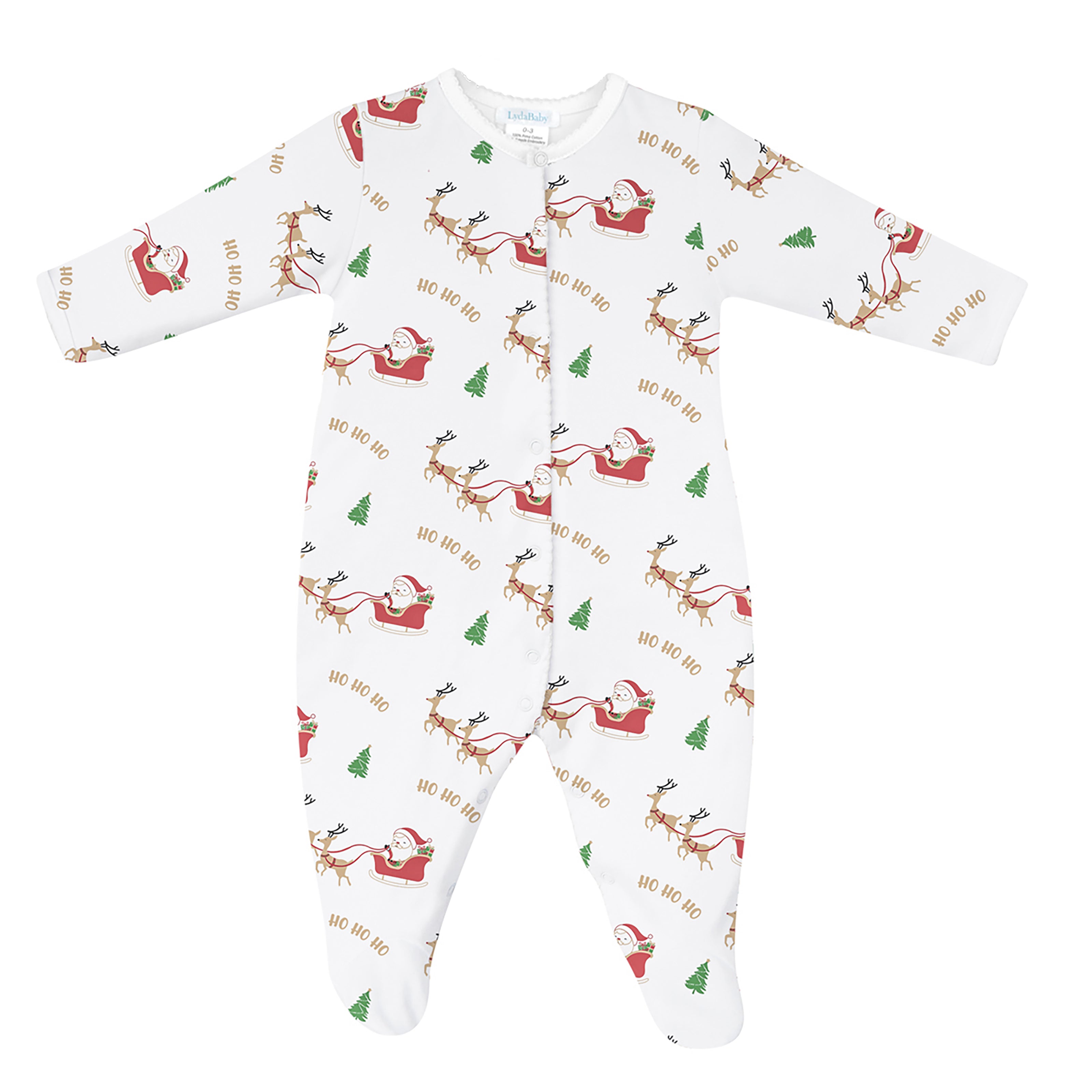 Unisex luxury Christmas footie in Peruvian Pima cotton with Santa Claus sleigh and reindeer print
