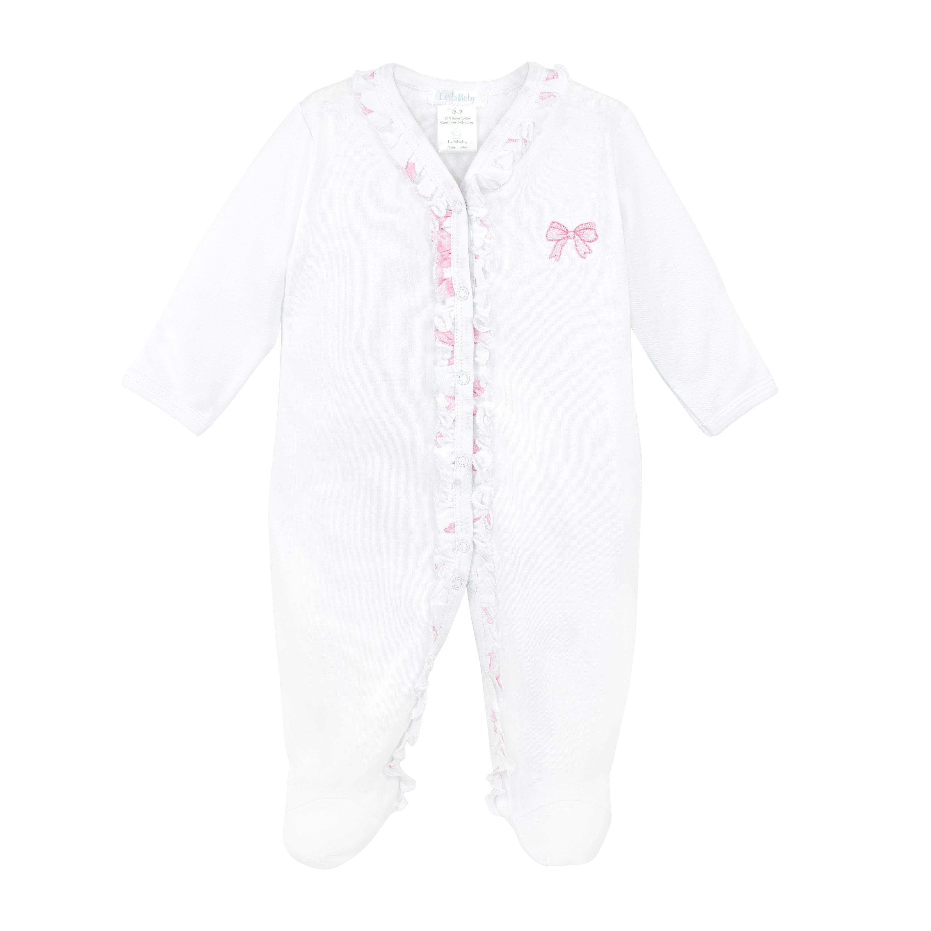 Luxury white baby girl footie with V-neck, pink bow embroidery, and ruched snap details