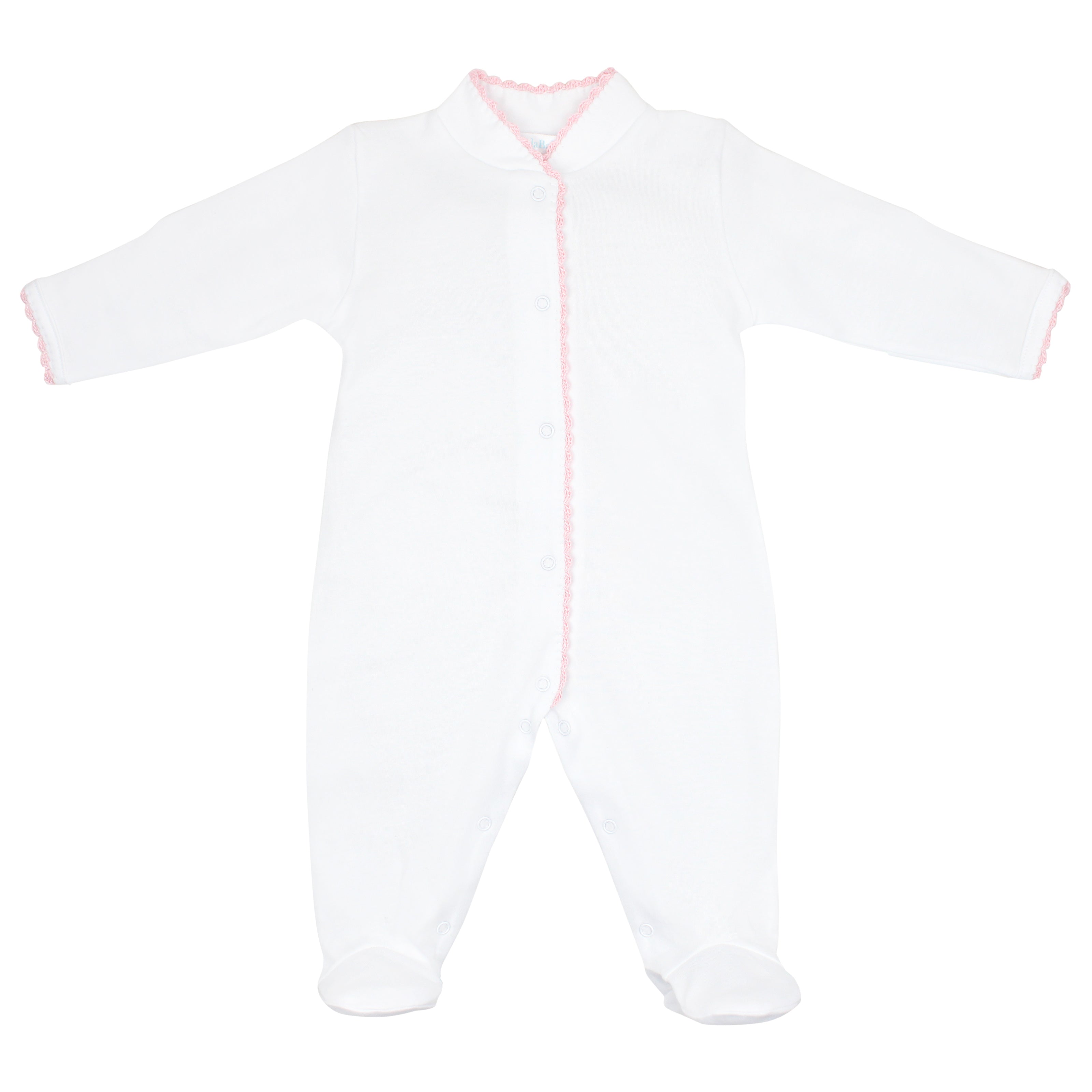 Elegant white baby footie in premium Peruvian Pima cotton with handcrafted crochet trim — ultra-soft, breathable, and perfect for timeless newborn style.

