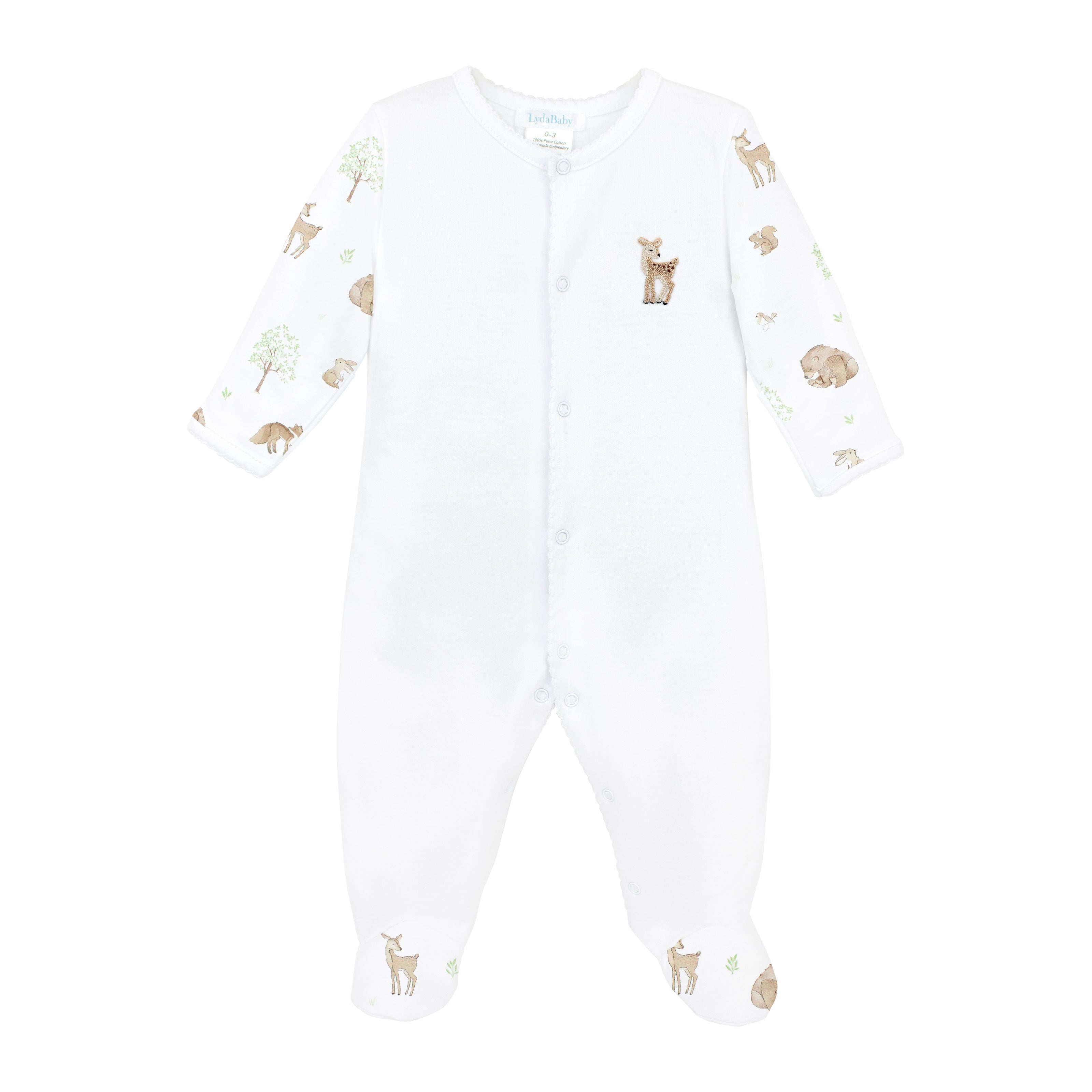 Unisex baby footie made from ultra-soft Peruvian Pima cotton, featuring woodland friends print on sleeves and feet, and hand-embroidered deer on the chest — breathable, cozy, and inspired by forest adventures.