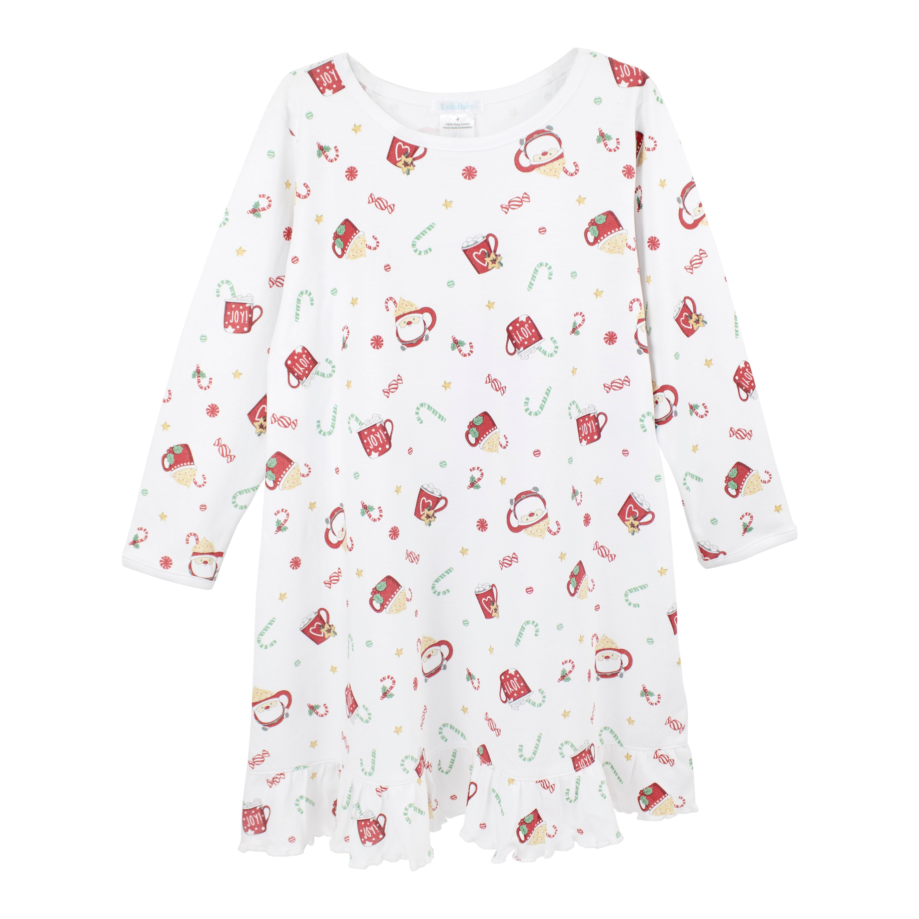 Luxury long-sleeve girl dress in Peruvian Pima cotton with Christmas mugs print