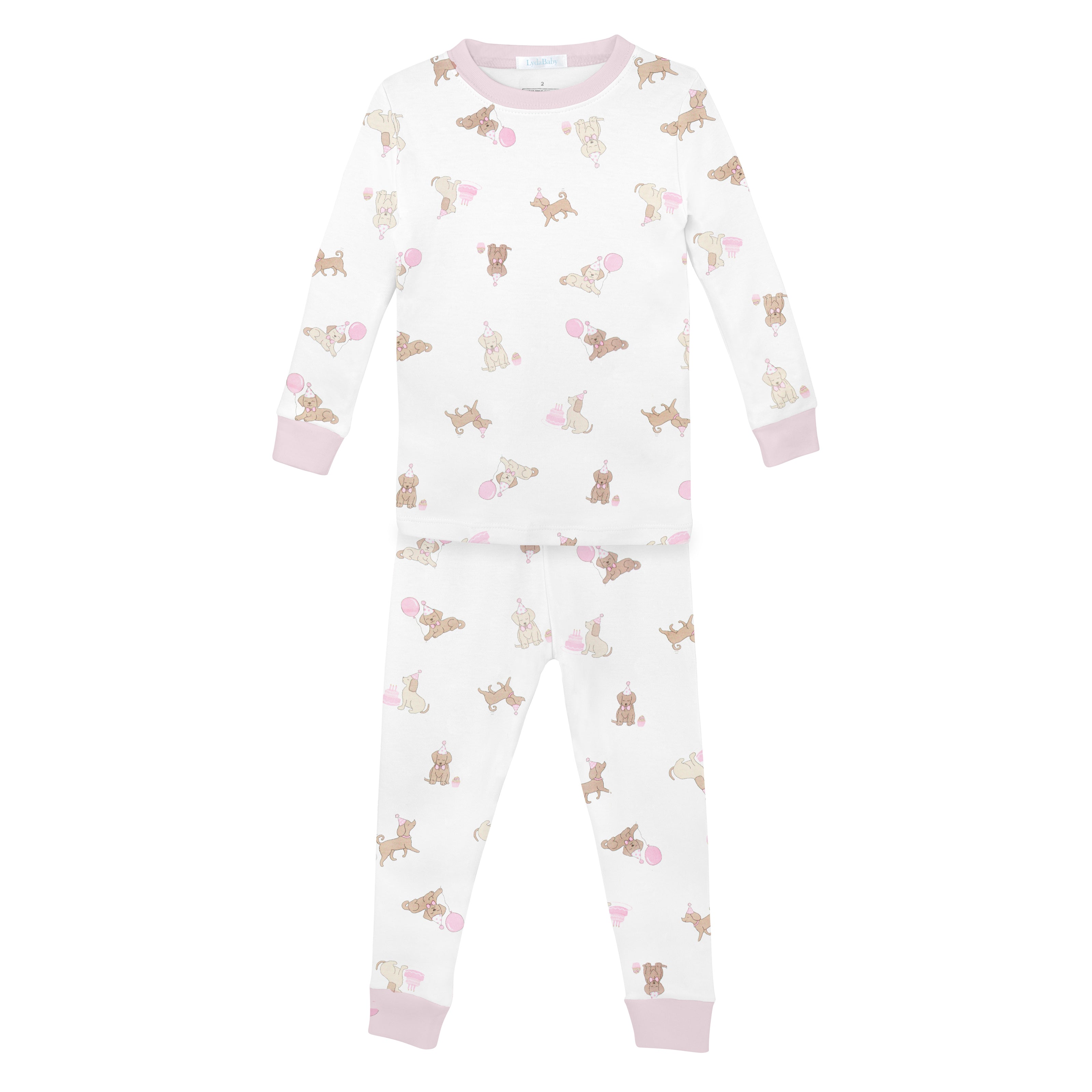 Comfy two-piece pajama set for girls, featuring a long-sleeve top and pants with a playful dog birthday print — in buttery-soft Peruvian Pima cotton.