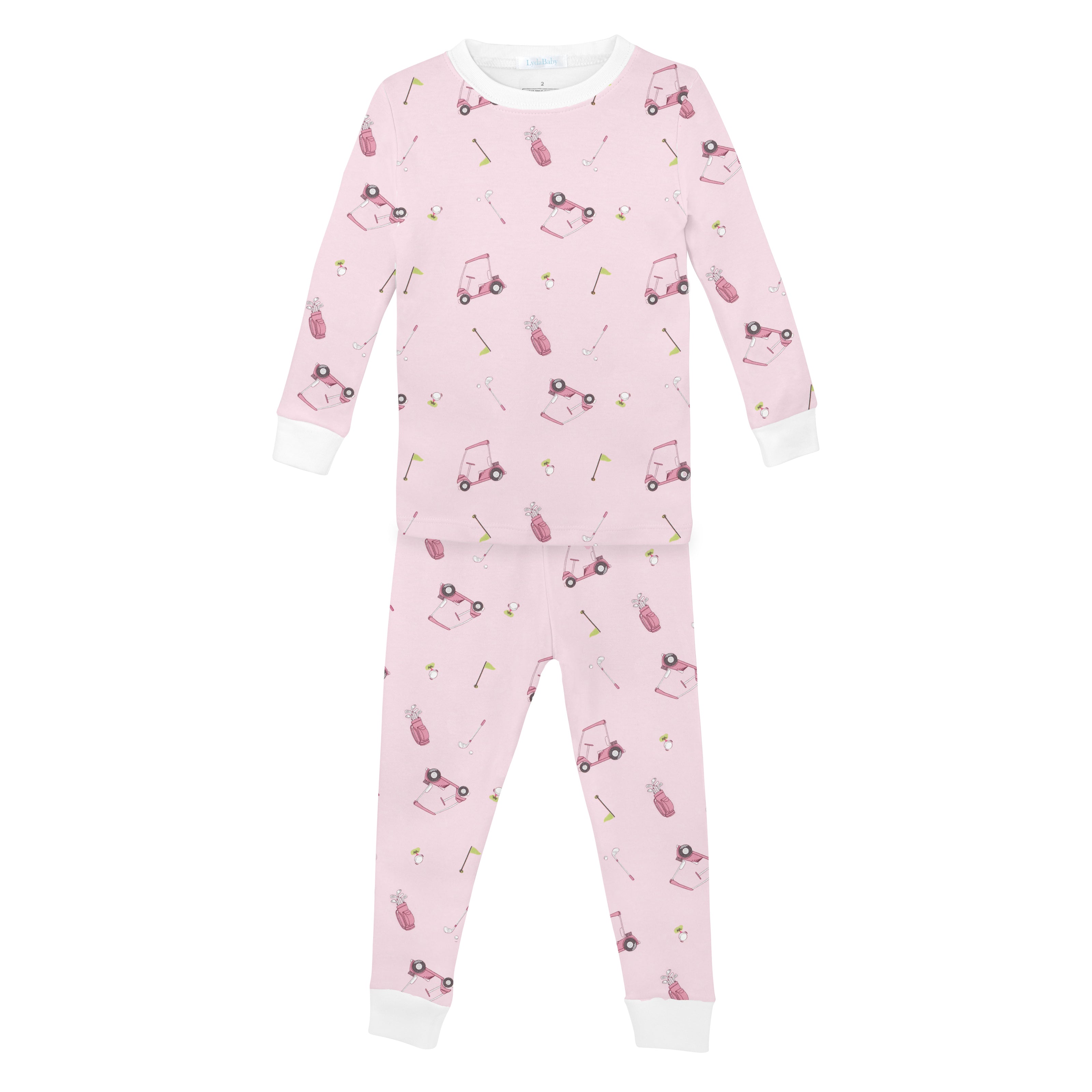  Lovely girls' two-piece pajama set in pink, featuring playful golf carts — made from the finest Pima cotton for elegant, cozy nights.