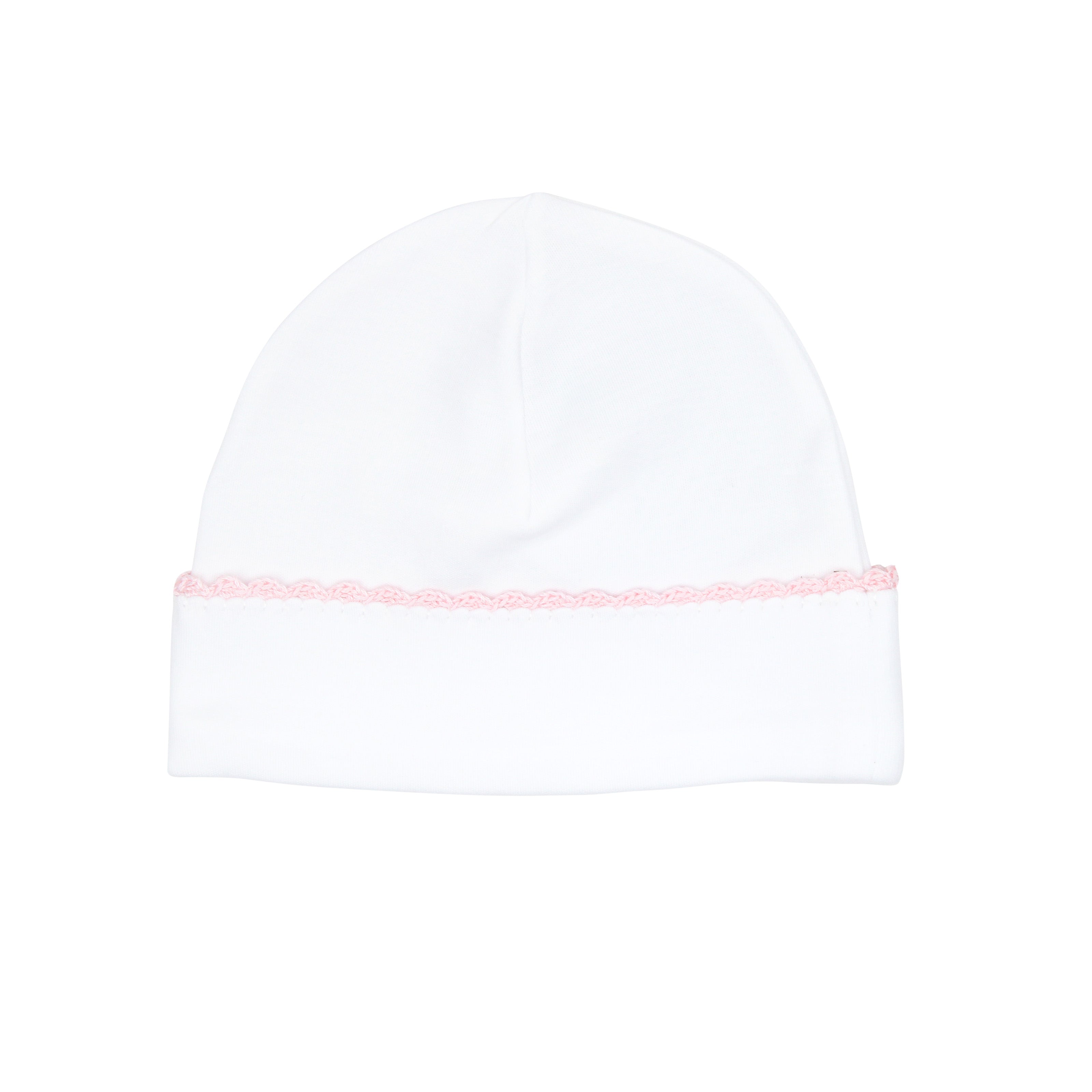 Soft white baby hat in Peruvian Pima cotton with fine crochet-trimmed edges — breathable and cozy for newborns.

