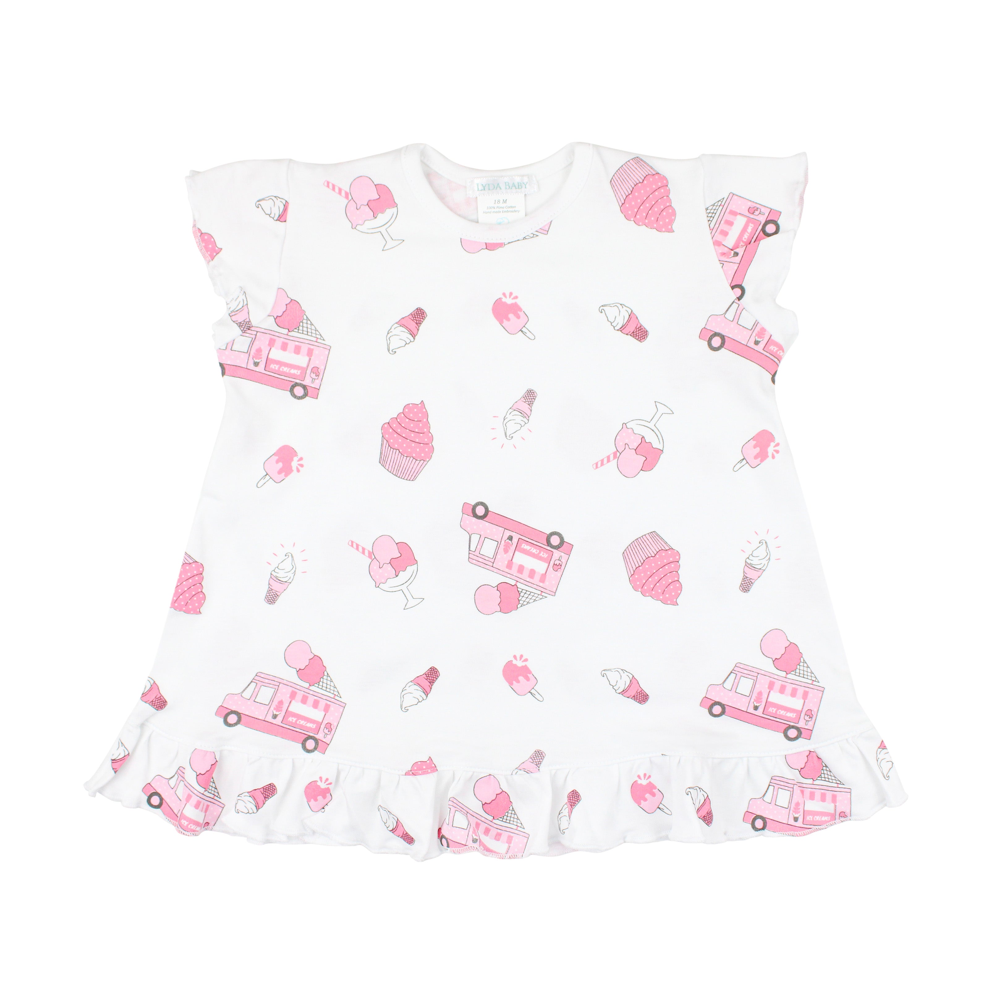 Soft and breathable baby girl sleep dress made from premium Peruvian Pima cotton, featuring a charming ice cream truck print — perfect for delicate, sensitive skin.

