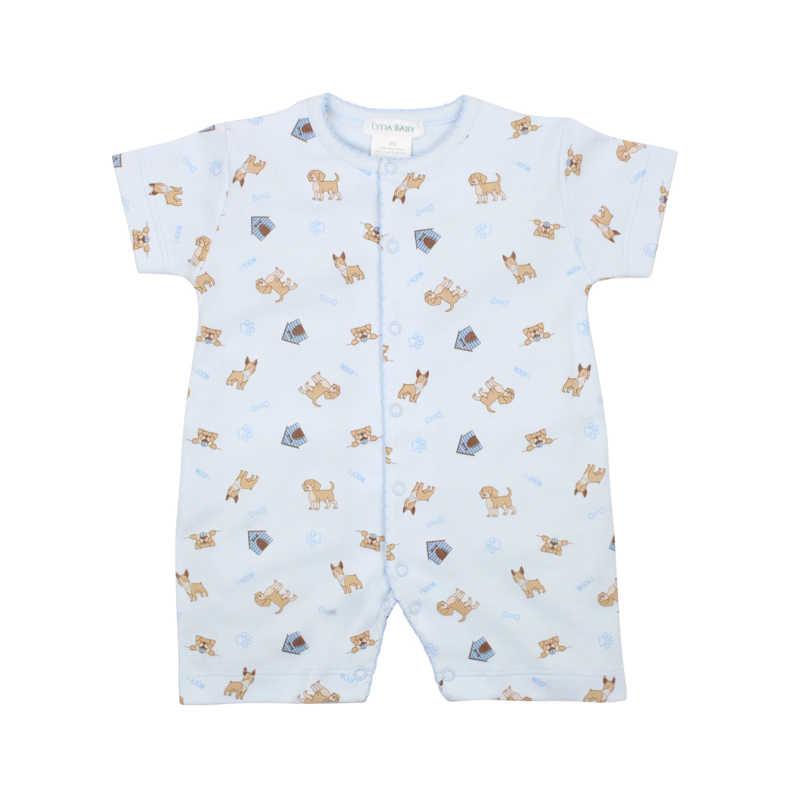 Puppy-printed romper for boys, perfect for summer, in Peruvian Pima cotton.