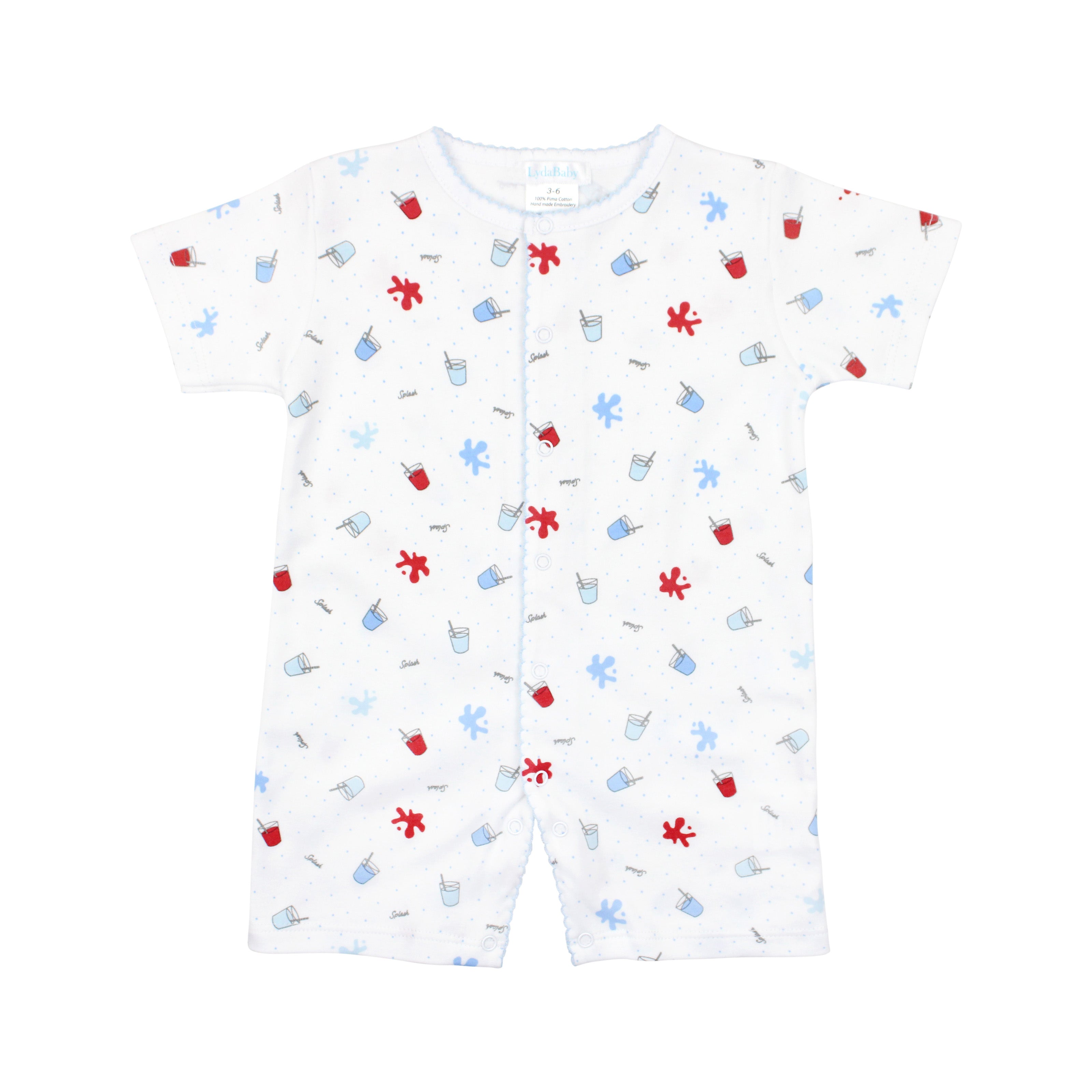 Colorful romper with fruit juice pattern for boys, crafted in Pima cotton from Peru.