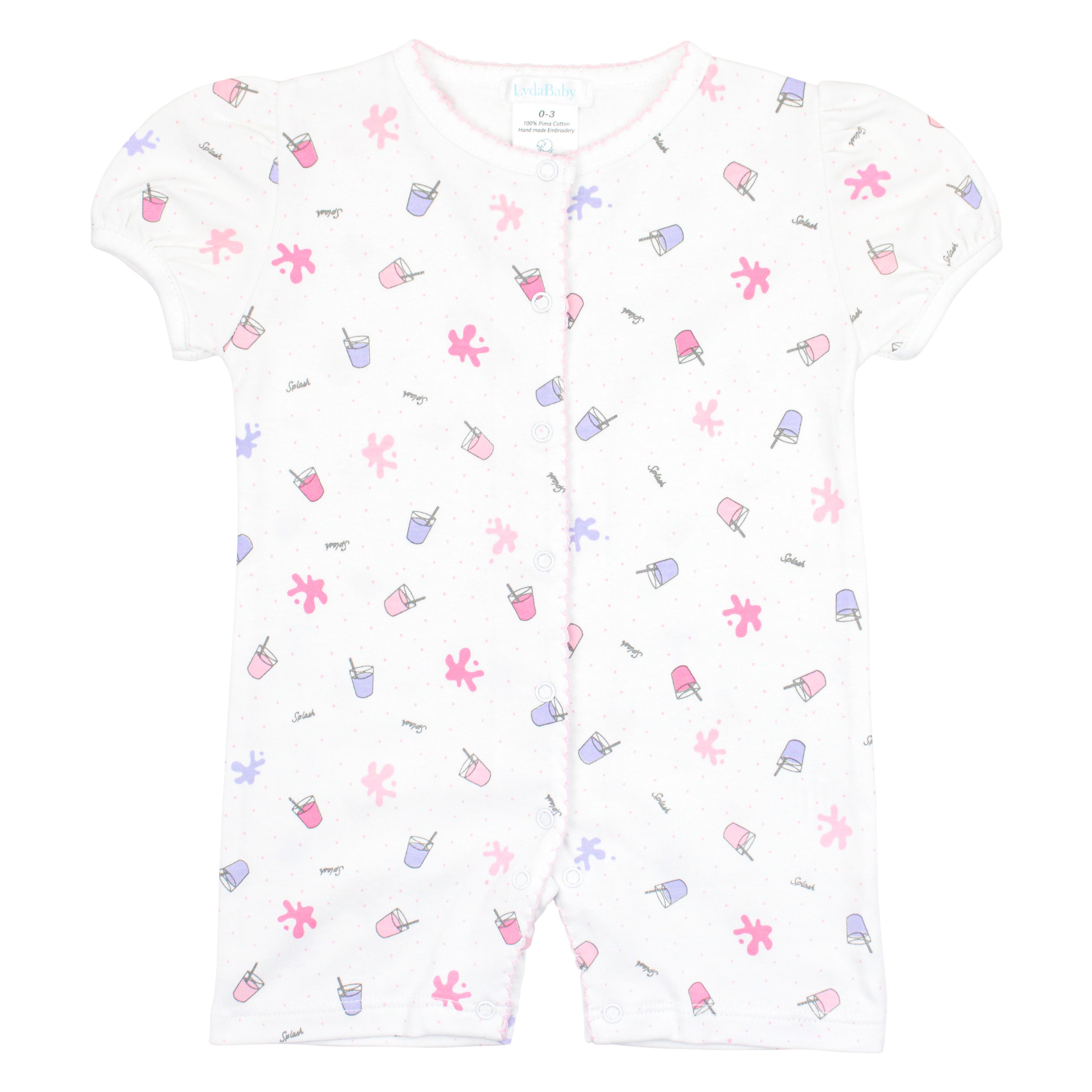Baby girl romper with colorful fruit juice print, made in soft Peruvian Pima cotton.