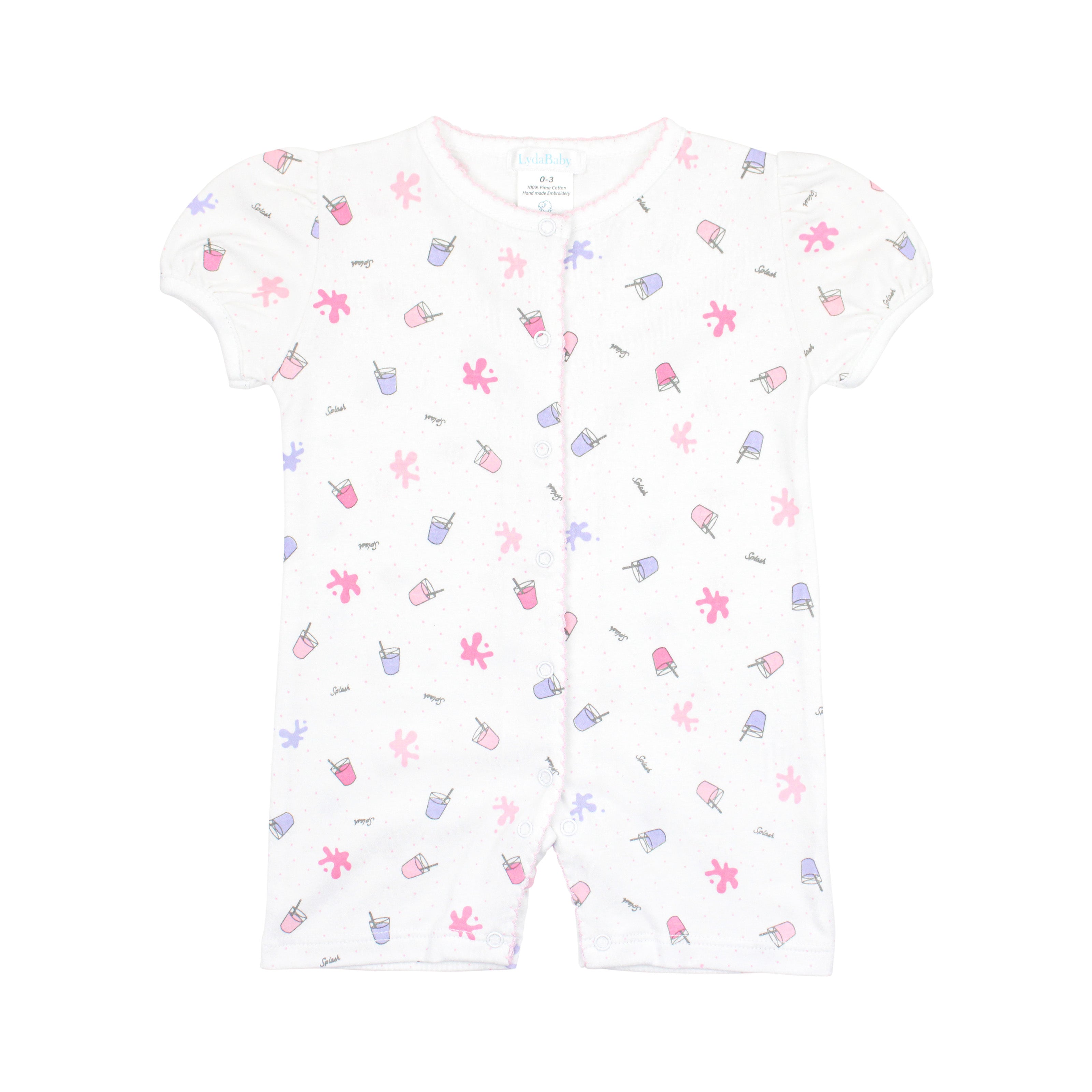 Baby girl romper with colorful fruit juice print, made in soft Peruvian Pima cotton.