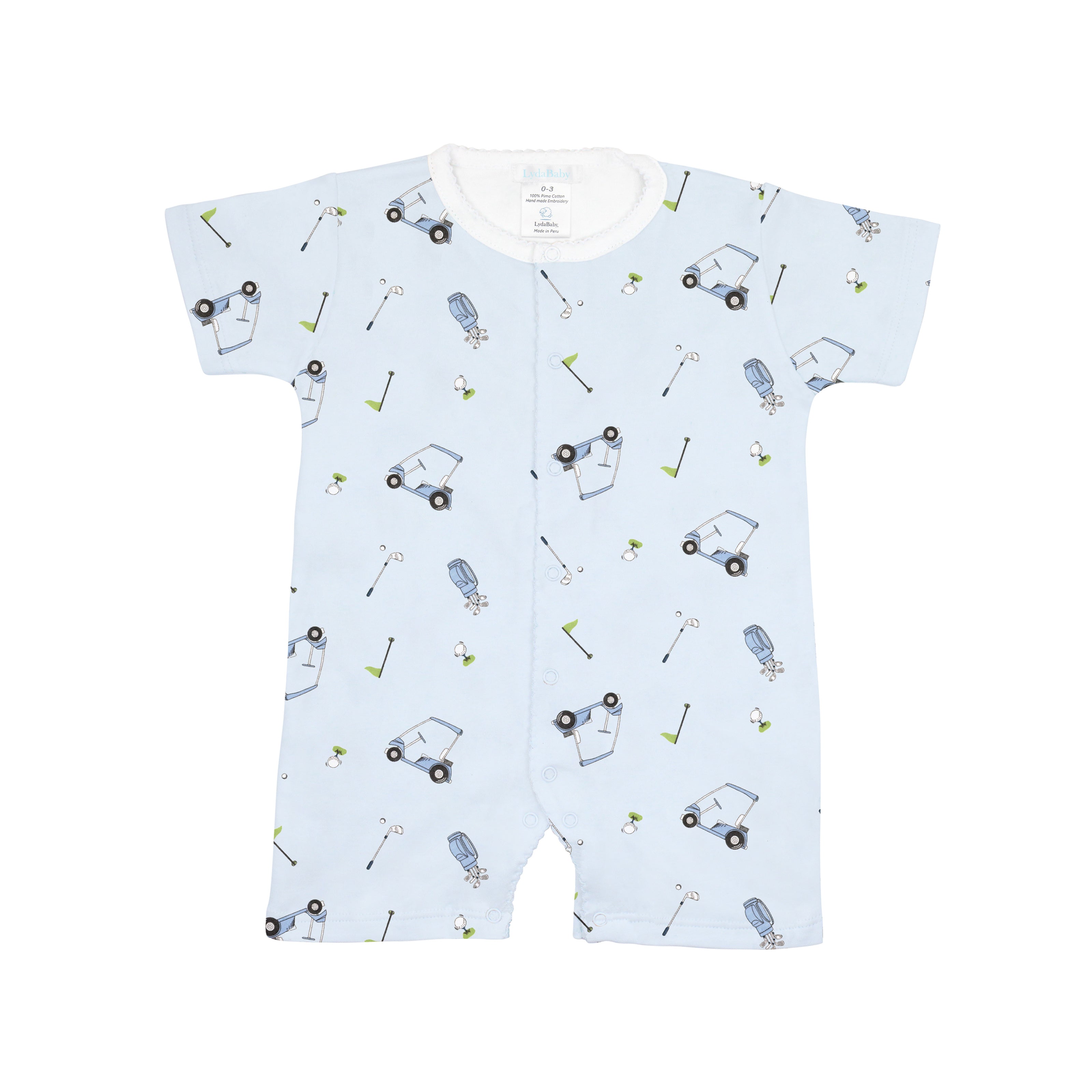 Baby boy romper with light blue golf-themed print, made in Peruvian Pima cotton.