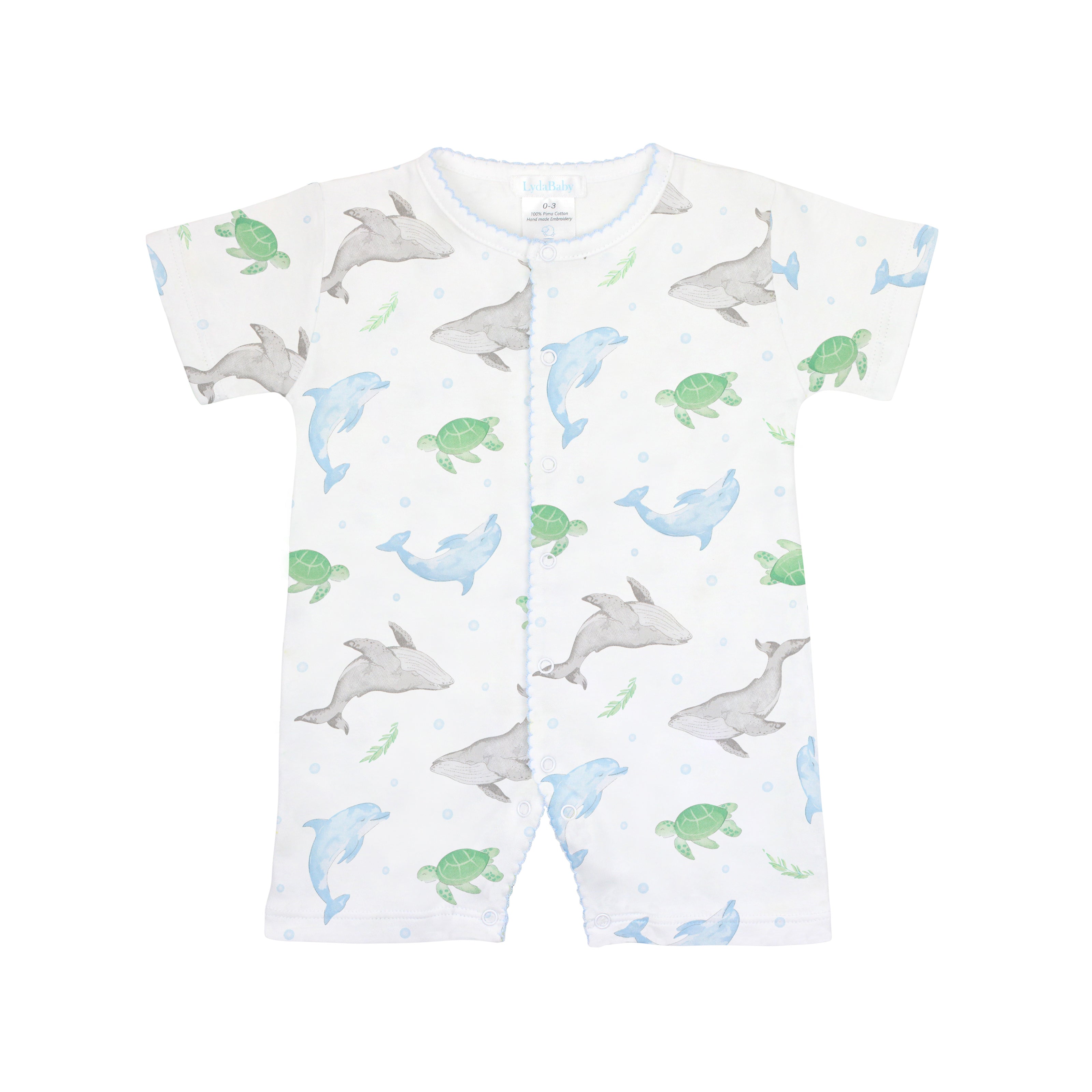 Baby boy summer romper with ocean friends design in premium Peruvian Pima cotton.