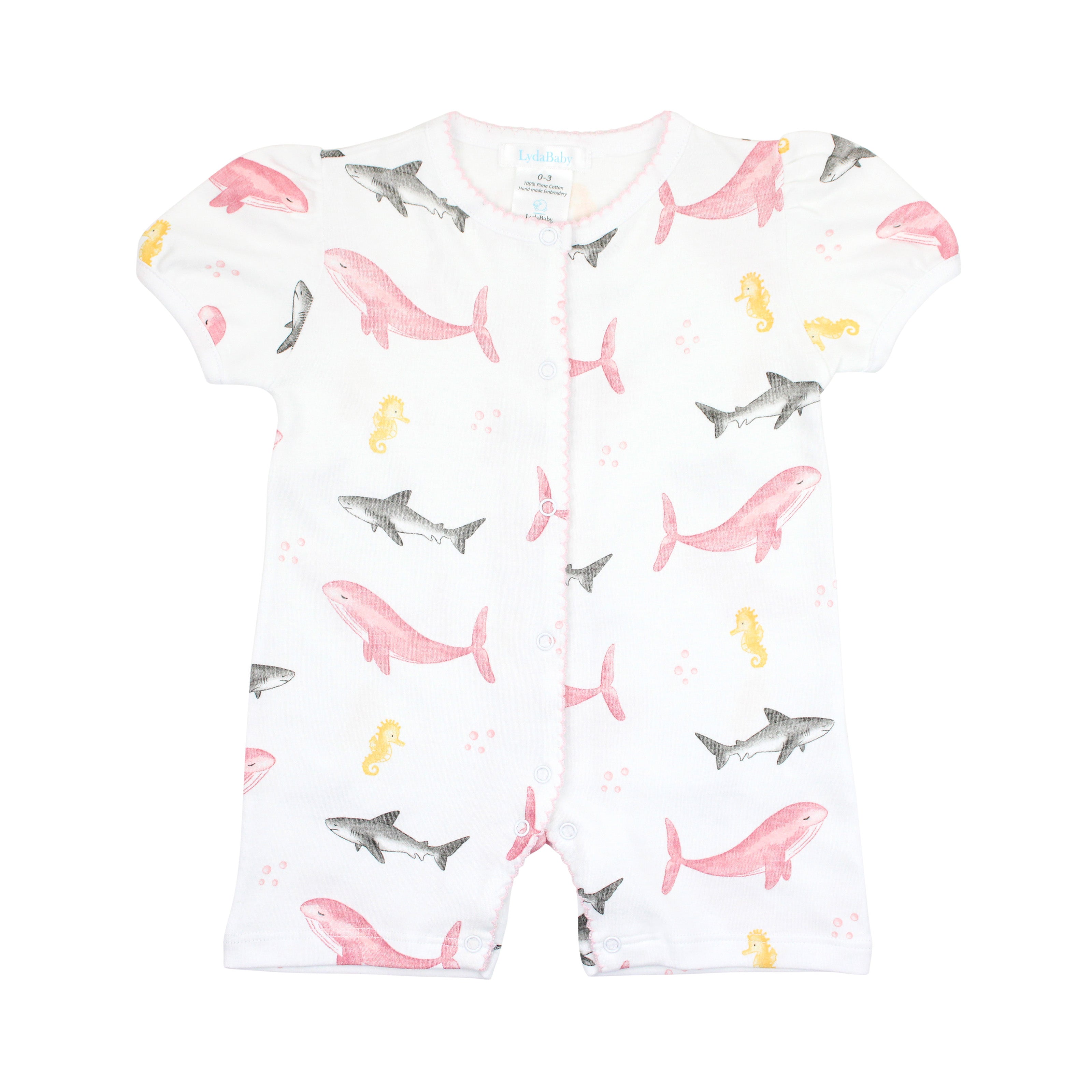 Baby girl romper with sea animals pattern, made from high-quality Peruvian Pima cotton.