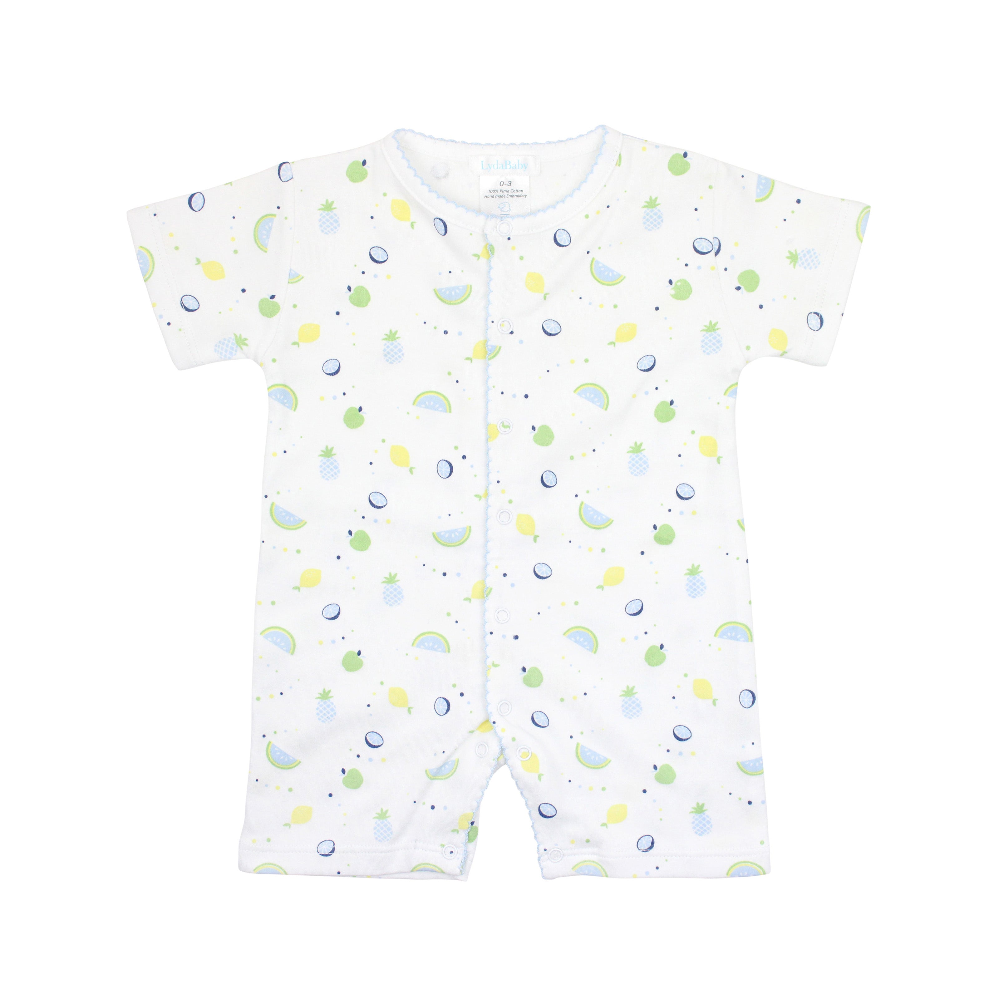 Summer fruit print romper for boys in soft Peruvian Pima cotton.