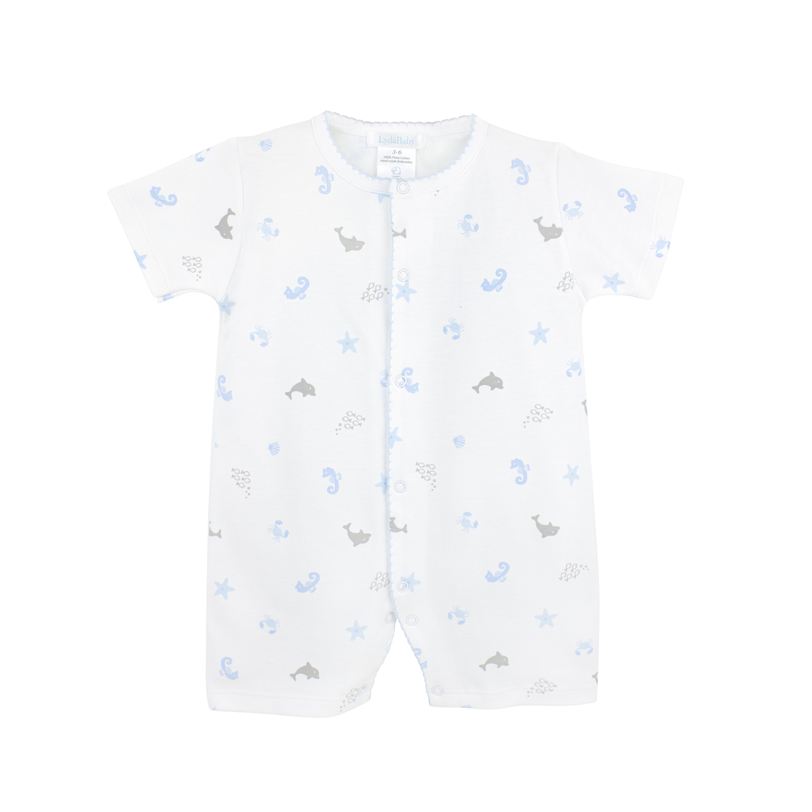 Light blue romper for boys with under-the-sea print, made in soft Peruvian Pima cotton.