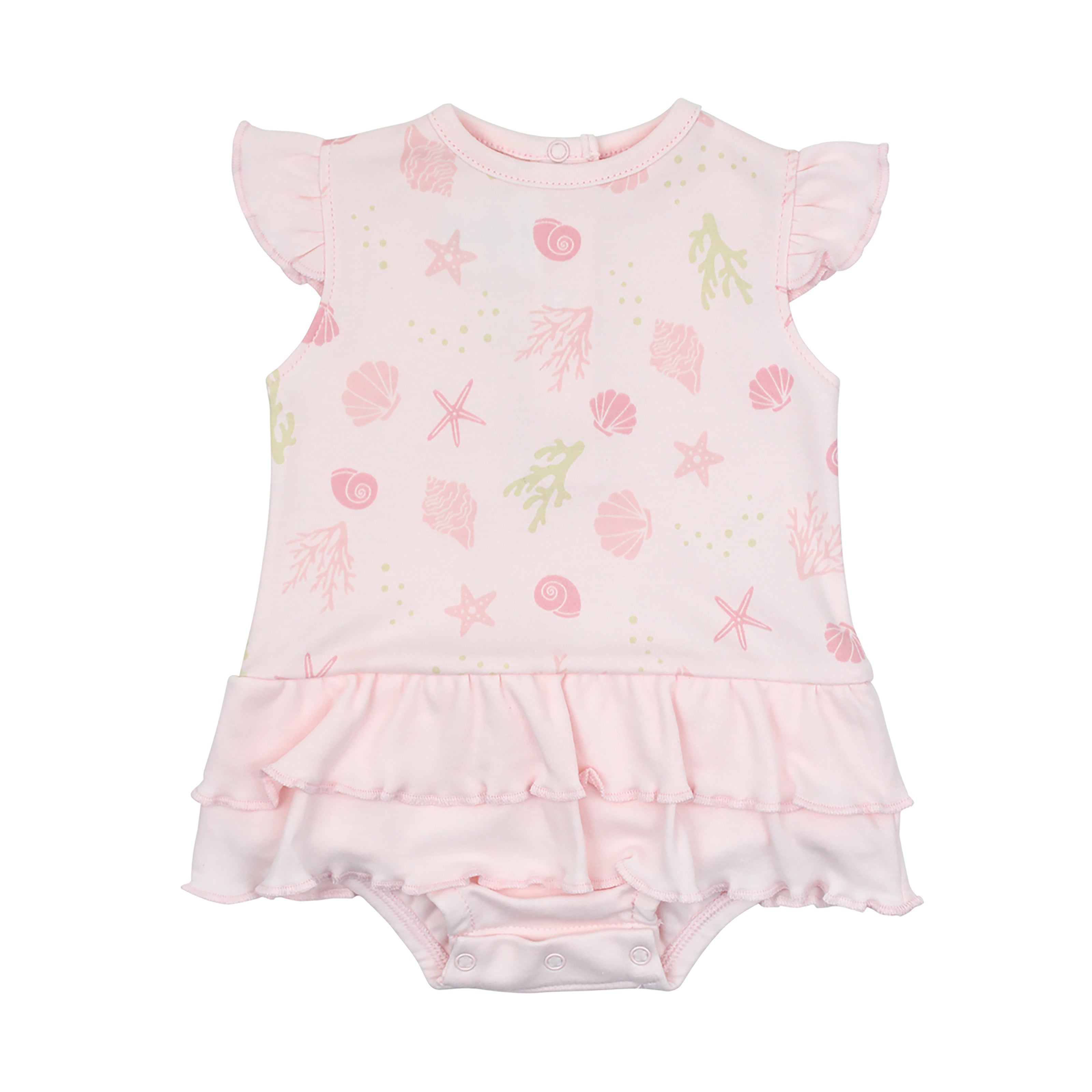 Adorable sleeveless baby girl dress-style bodysuit with ruffle sleeves and hem, printed with seashells on the softest Peruvian Pima cotton — perfect for breezy, stylish summer days.