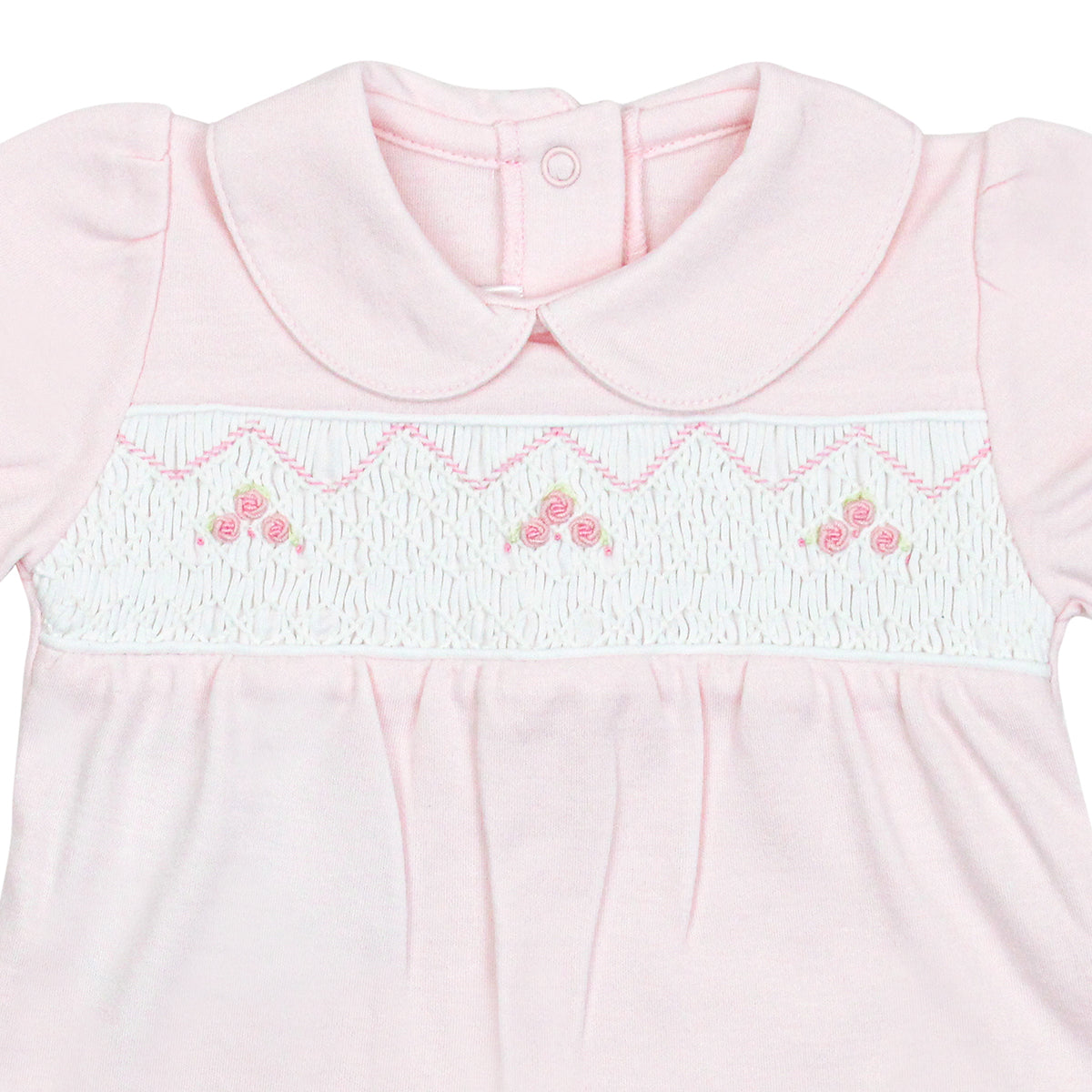 Luxury smock romper in Peruvian Pima cotton with hand-embroidered roses for baby girl