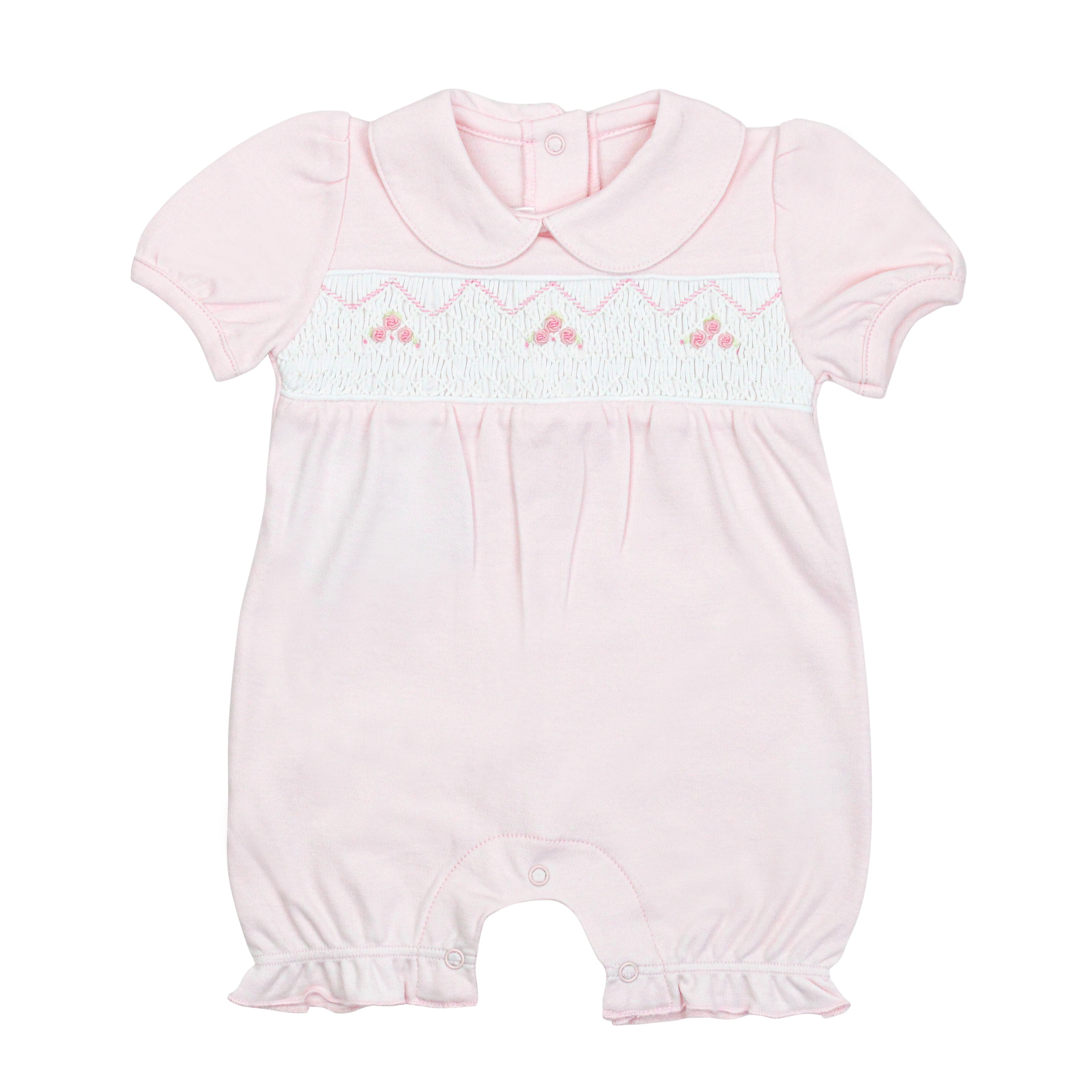 Luxury smock romper in Peruvian Pima cotton with hand-embroidered roses for baby girl