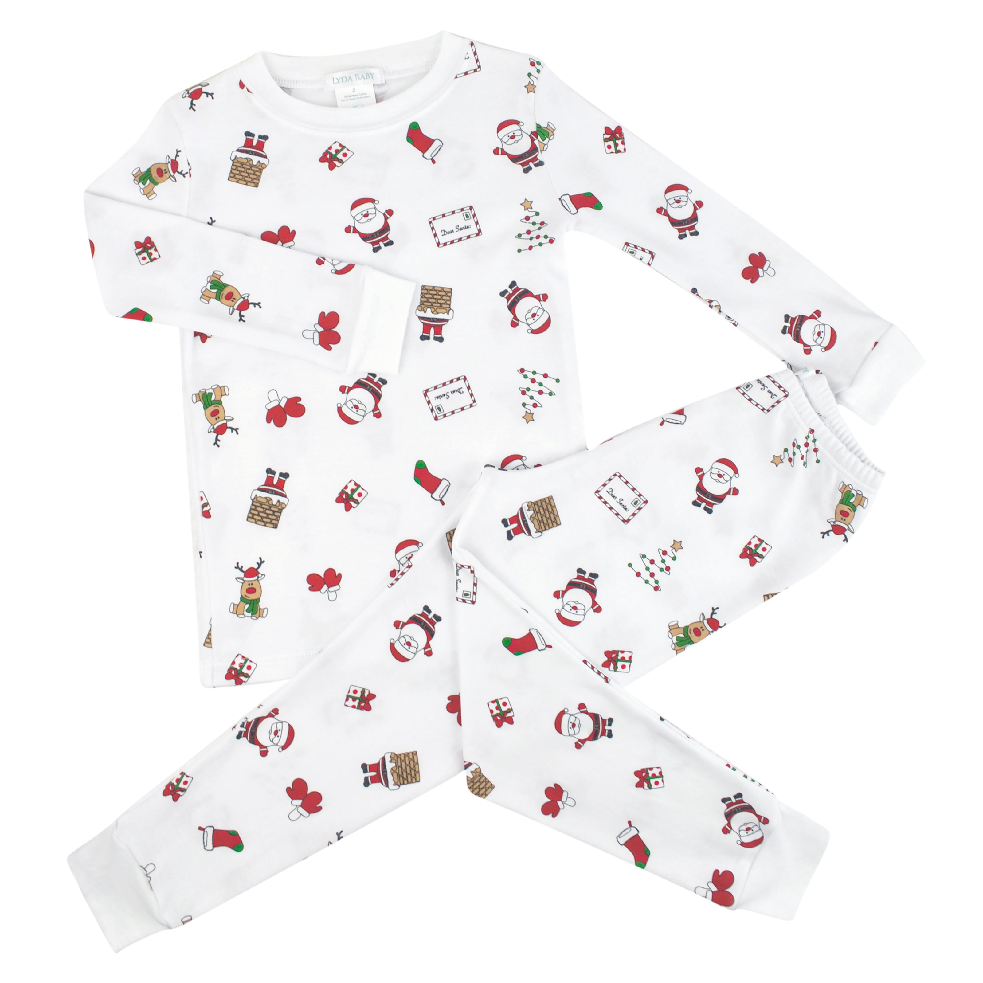 Unisex two-piece baby pajamas in Peruvian Pima cotton with Christmas icons print – Santa, chimney, stockings, gifts, and reindeer