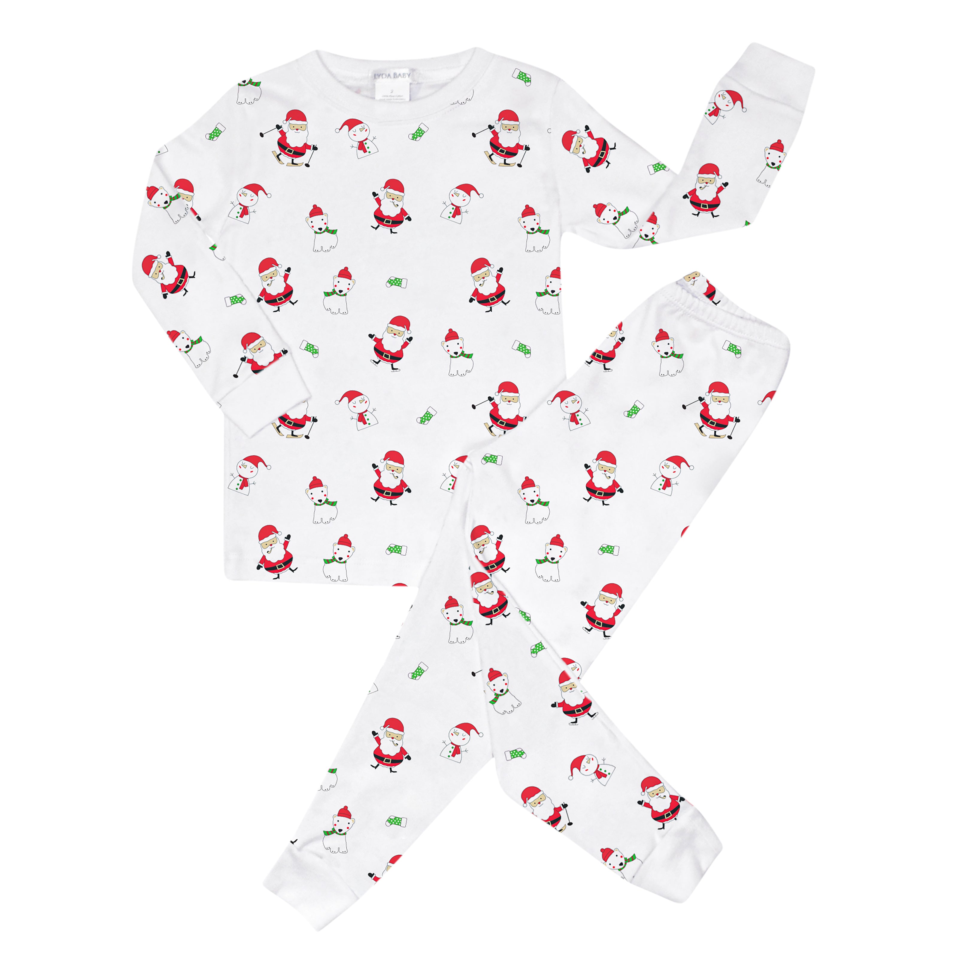 Unisex two-piece baby pajamas in Peruvian Pima cotton with Santa, polar bear, stockings, and snowman Christmas print