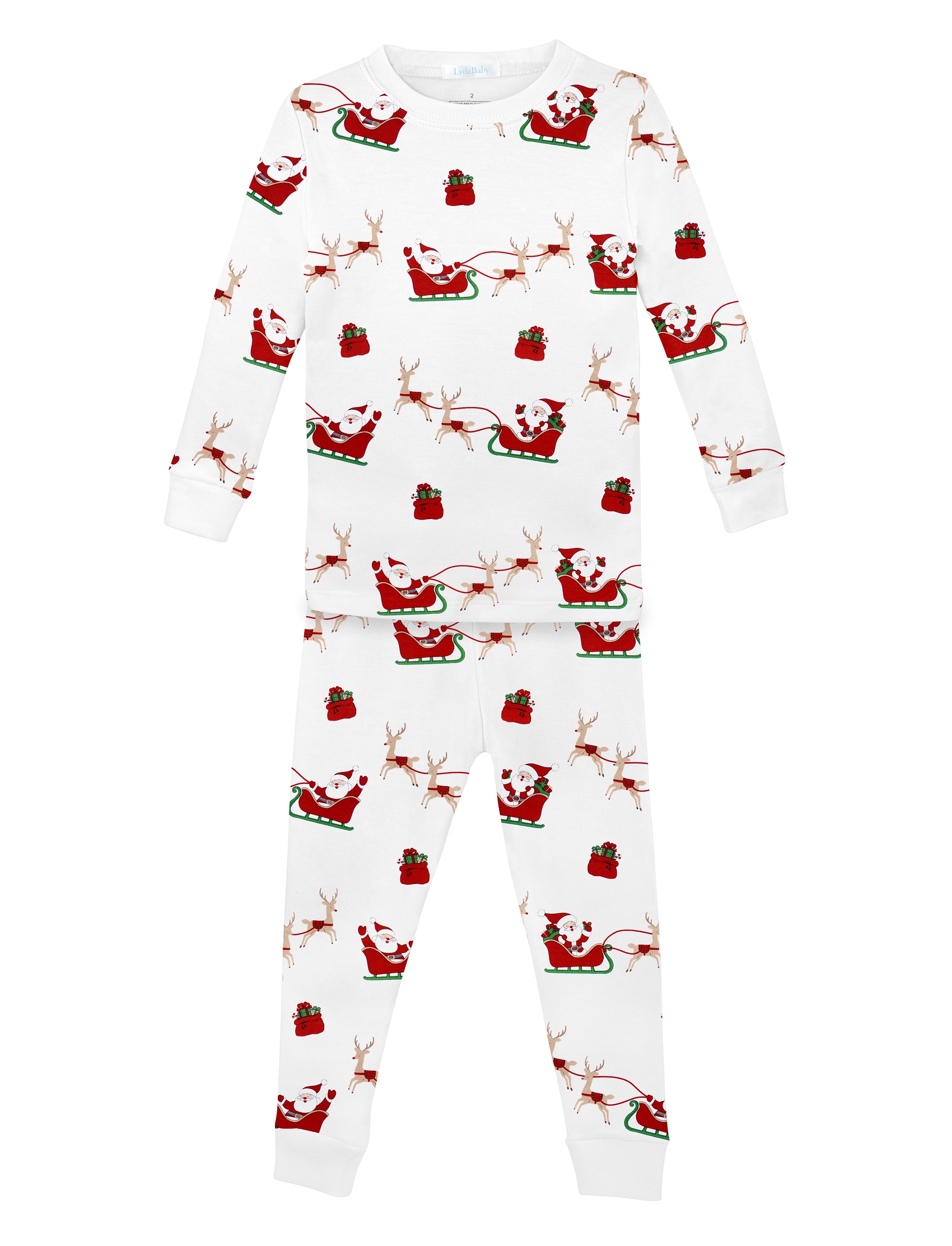 Unisex two-piece baby pajamas in Peruvian Pima cotton with Santa sleigh and reindeer Christmas print