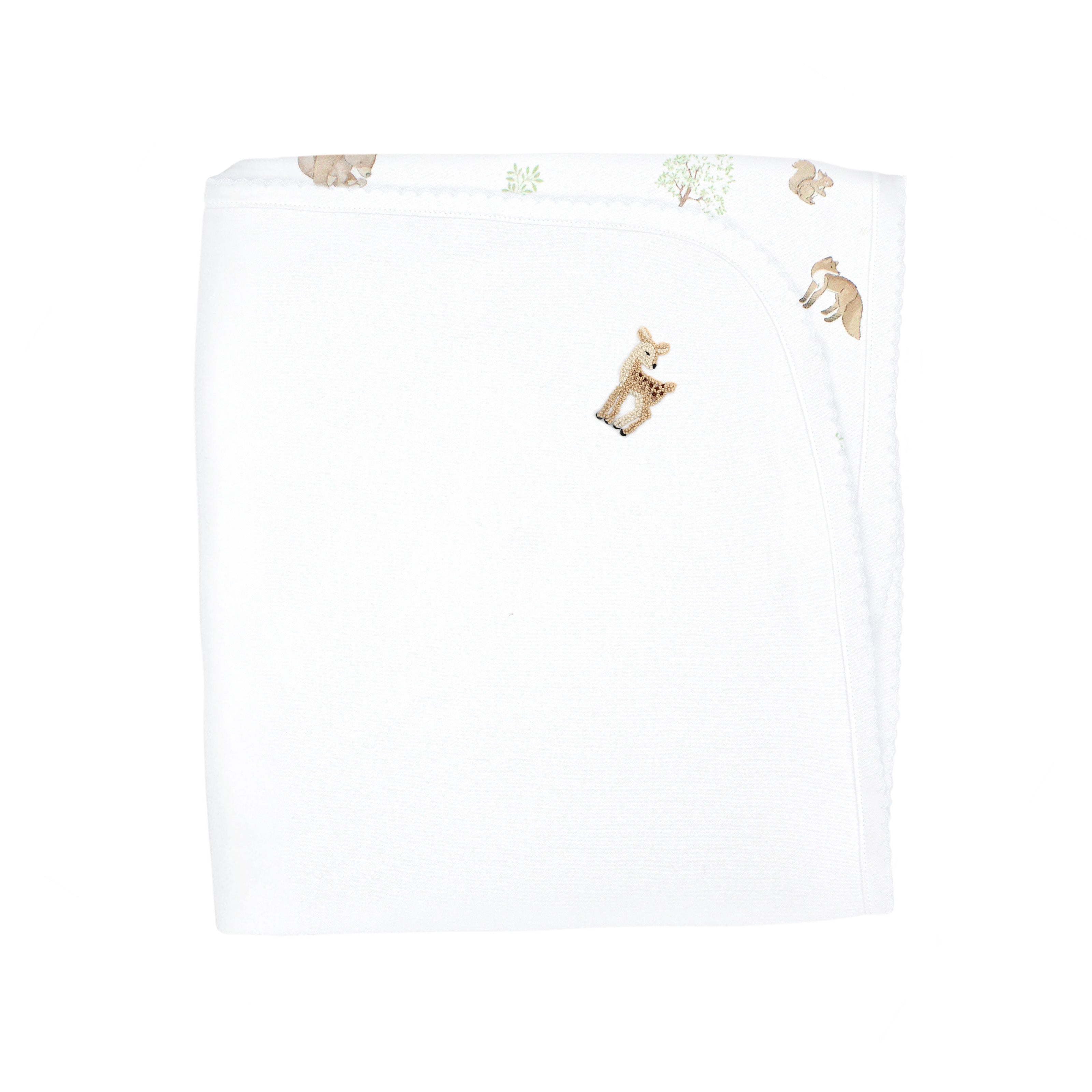 Unisex baby blanket in Peruvian Pima cotton with hand embroidery and woodland animals print — ultra-soft, hypoallergenic, and perfect for sensitive skin.