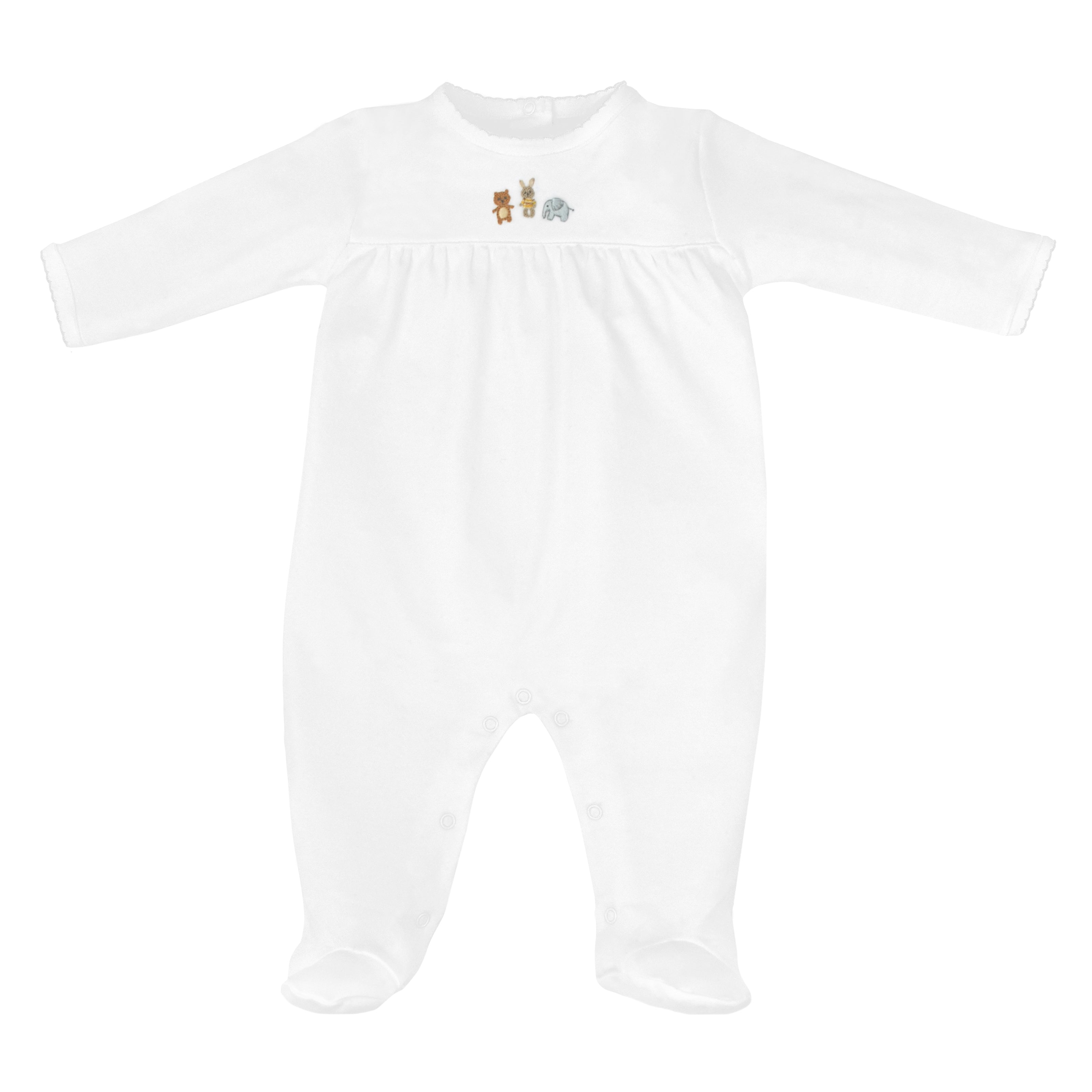 Unisex baby footie in Peruvian Pima cotton with hand-embroidered animal toys and ruffled chest — breathable and ultra-soft for daily wear.