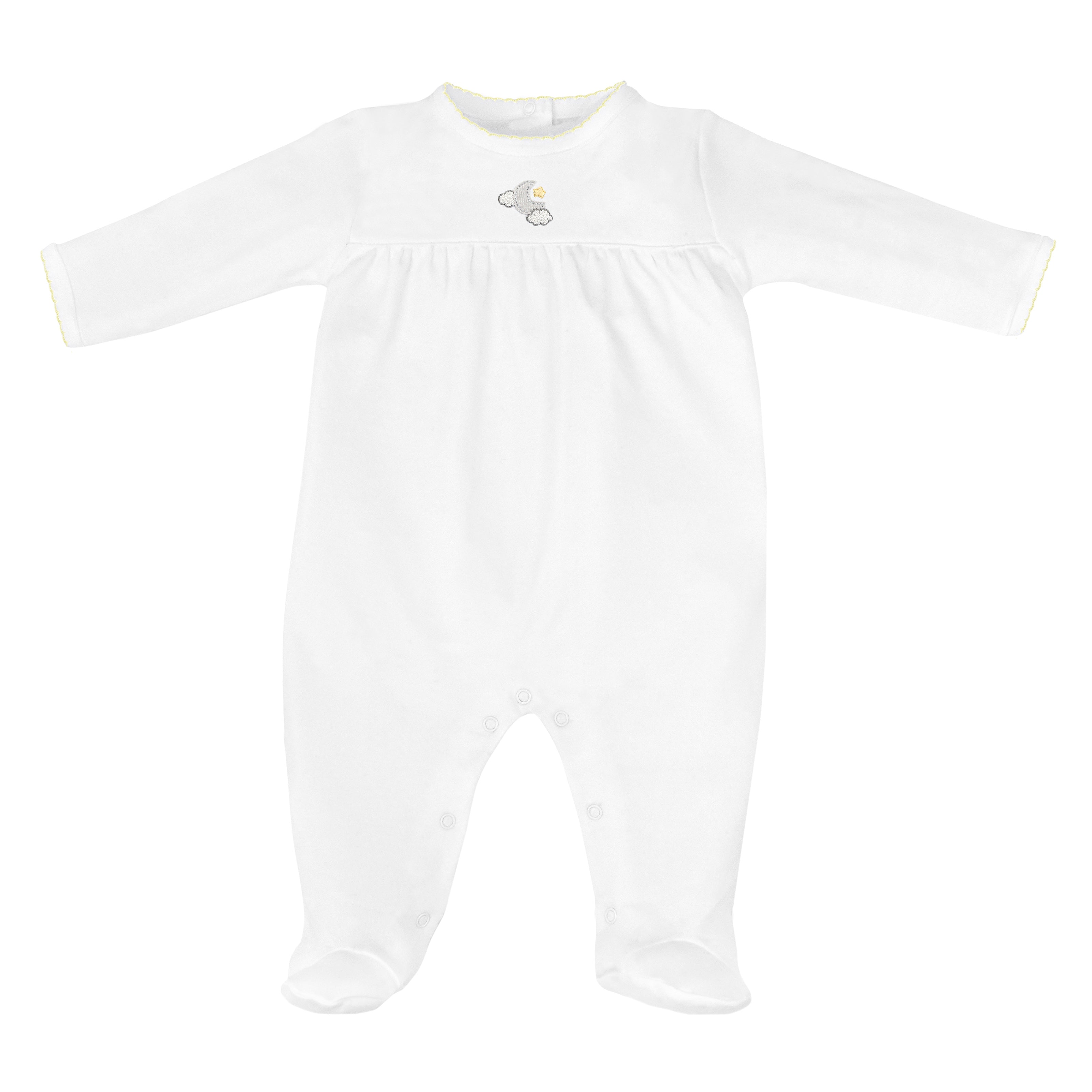 Unisex baby footie in Peruvian Pima cotton with “Sweet Dreams” embroidery and soft ruffle detail — ideal for cozy and peaceful nights.
