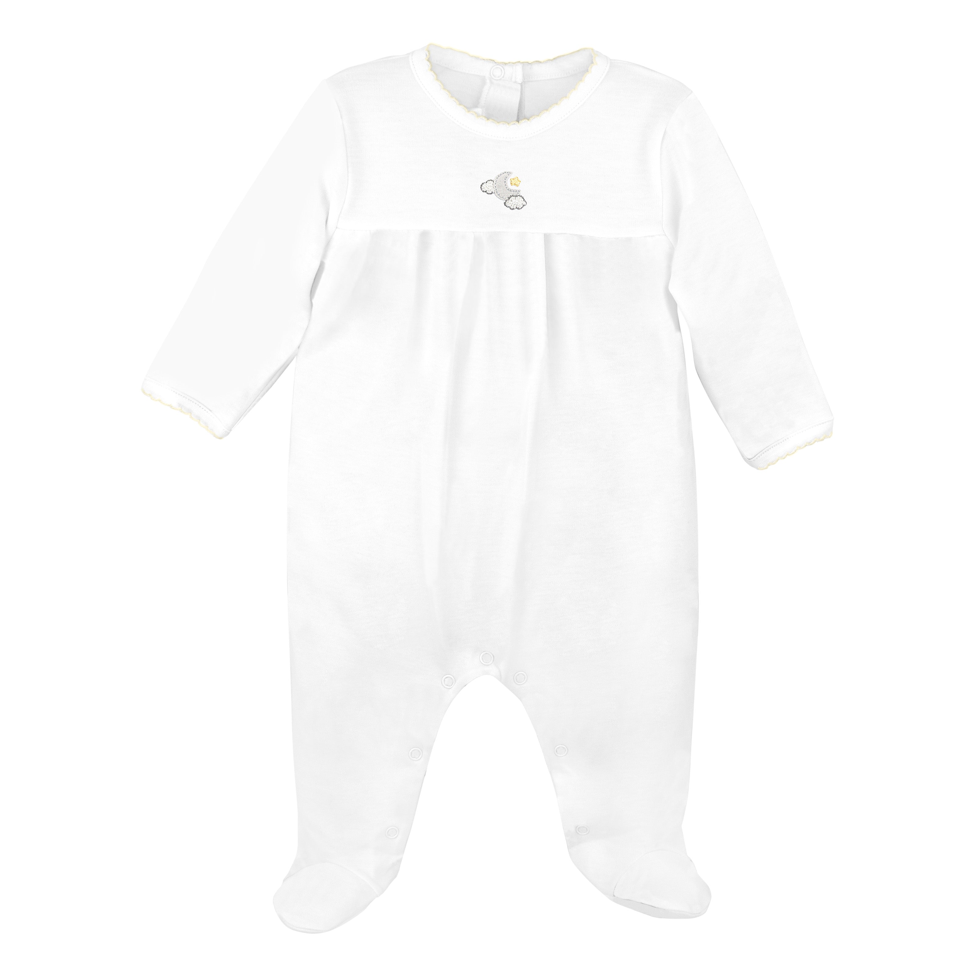 Unisex baby footie in Peruvian Pima cotton with “Sweet Dreams” embroidery and soft ruffle detail — ideal for cozy and peaceful nights.