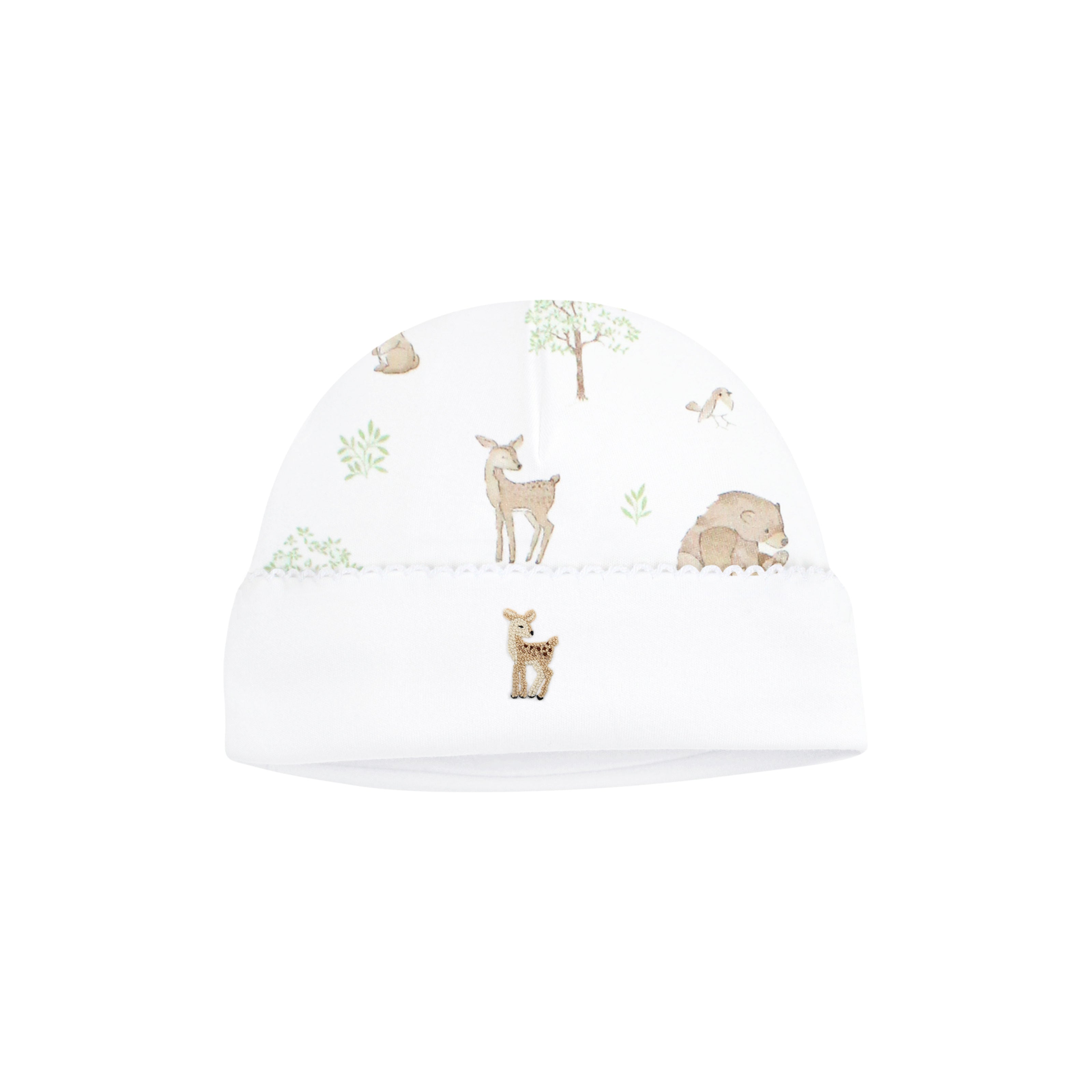 Unisex baby hat in Peruvian Pima cotton with woodland animal embroidery and printed details — cozy and forest-inspired.