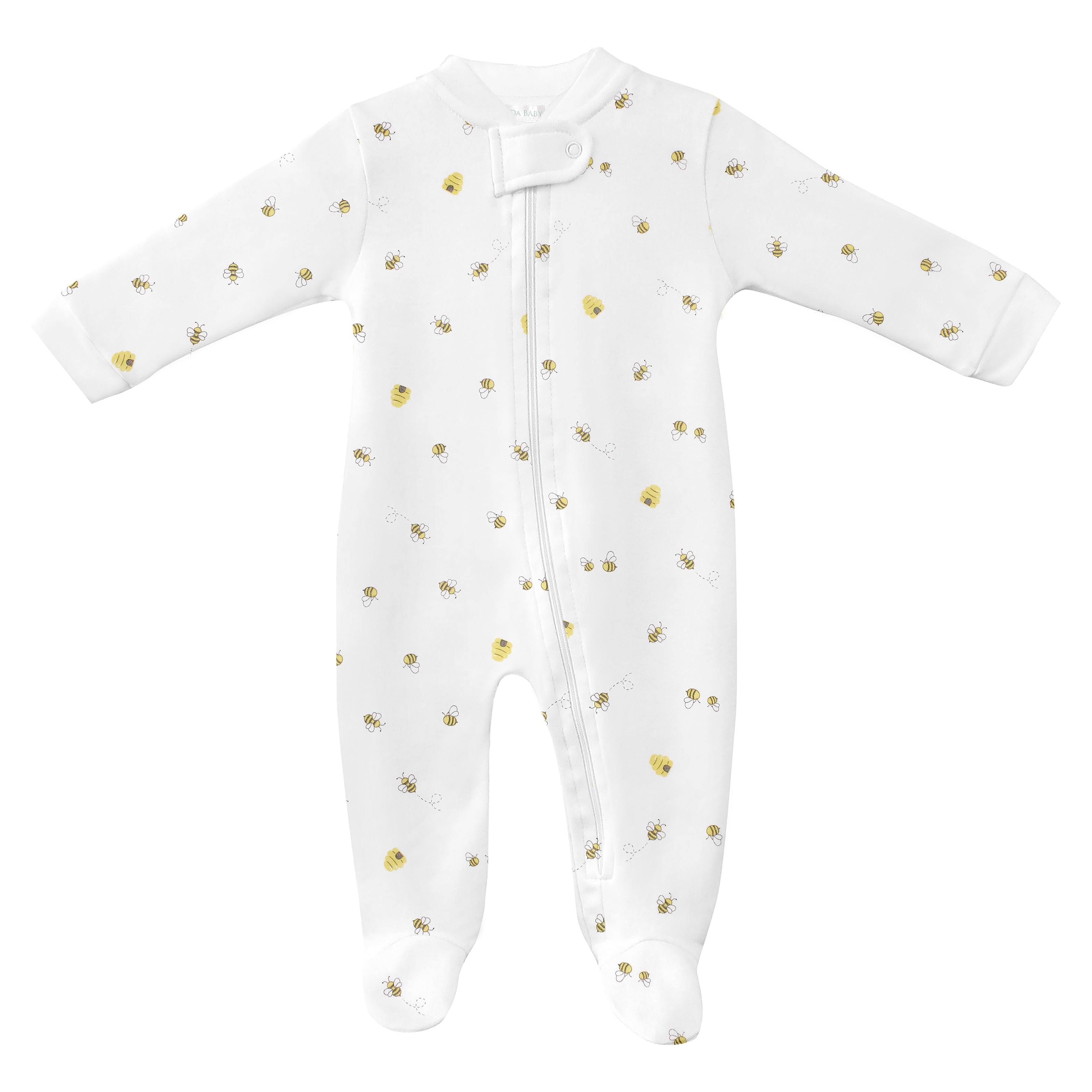  Cheerful unisex baby zipper printed with bee happy design on premium Peruvian Pima cotton — soft, breathable, and skin-friendly.