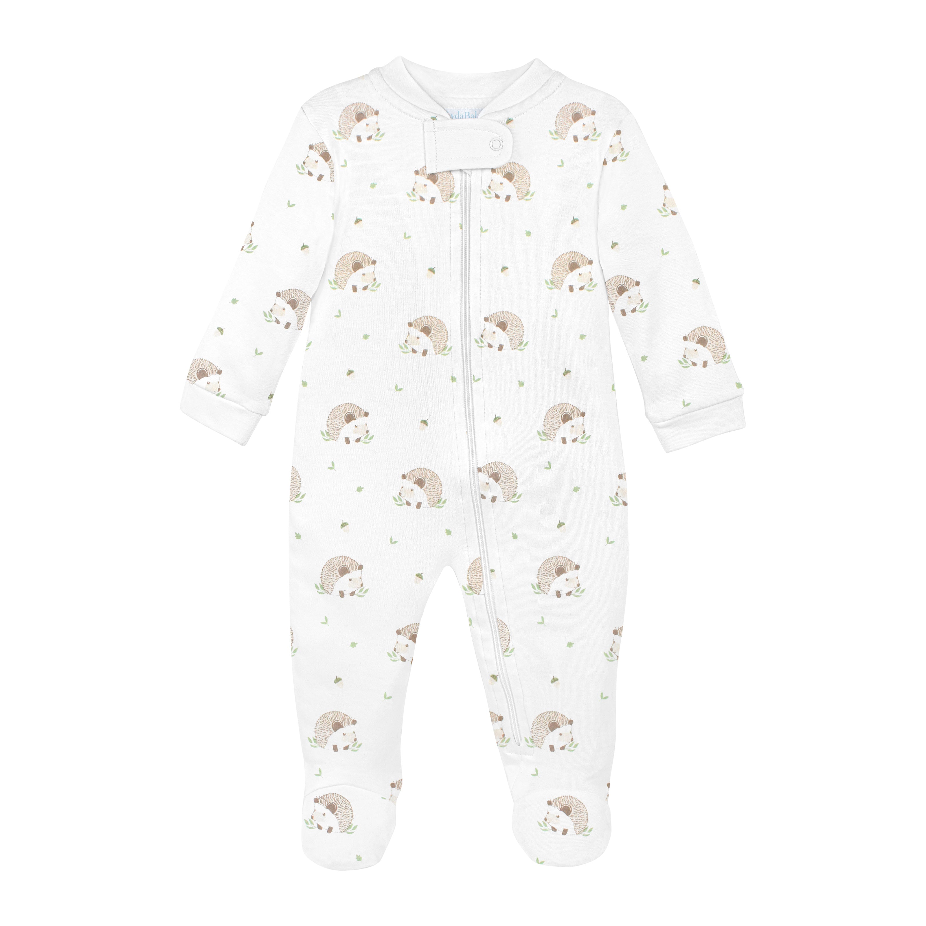  Cute unisex baby zipper with hedgehog print on soft organic Peruvian Pima cotton — breathable, cozy, and gentle on baby skin.