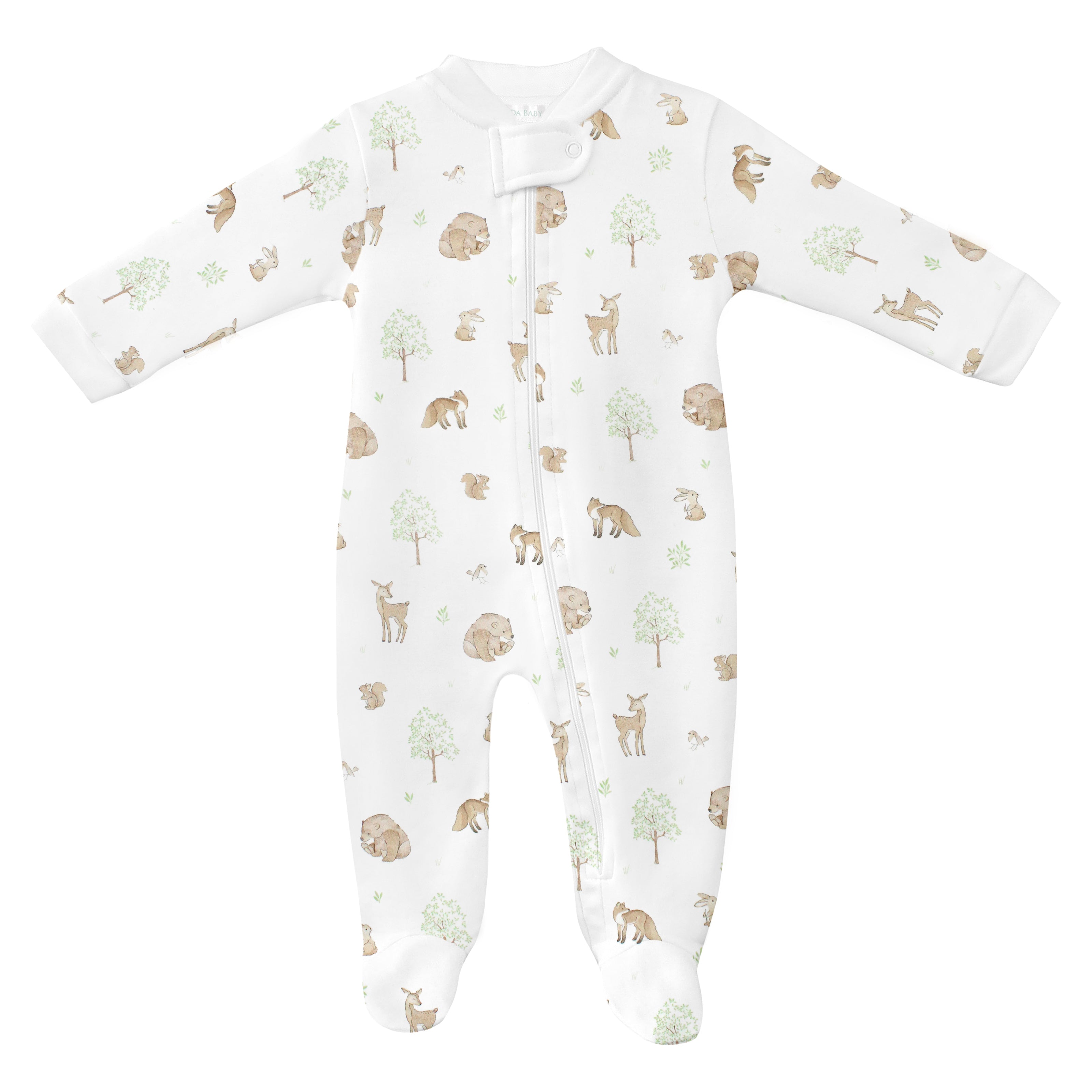  Charming unisex baby zipper featuring woodland friends print on soft organic Peruvian Pima cotton — breathable, cozy, and gentle.