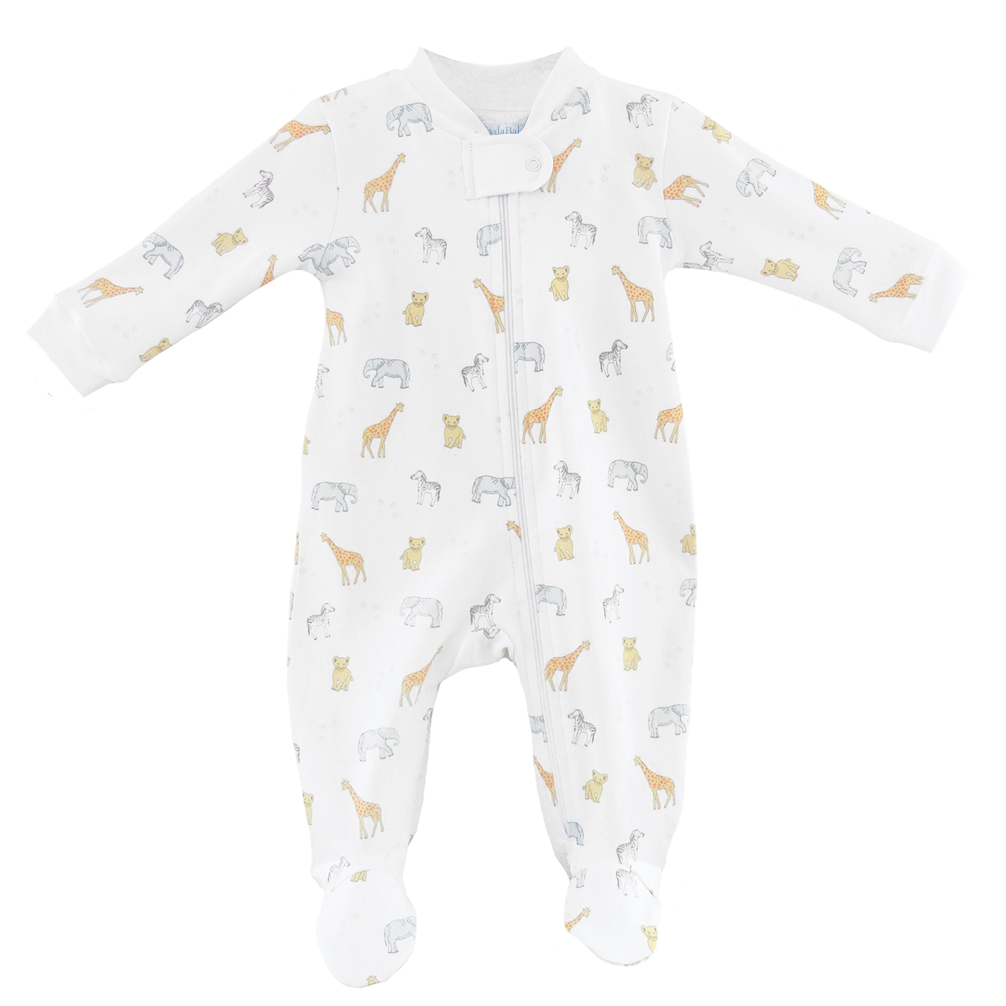  Adorable unisex baby zipper with safari animals print on soft organic Peruvian Pima cotton — breathable, gentle, and perfect for sensitive skin.
