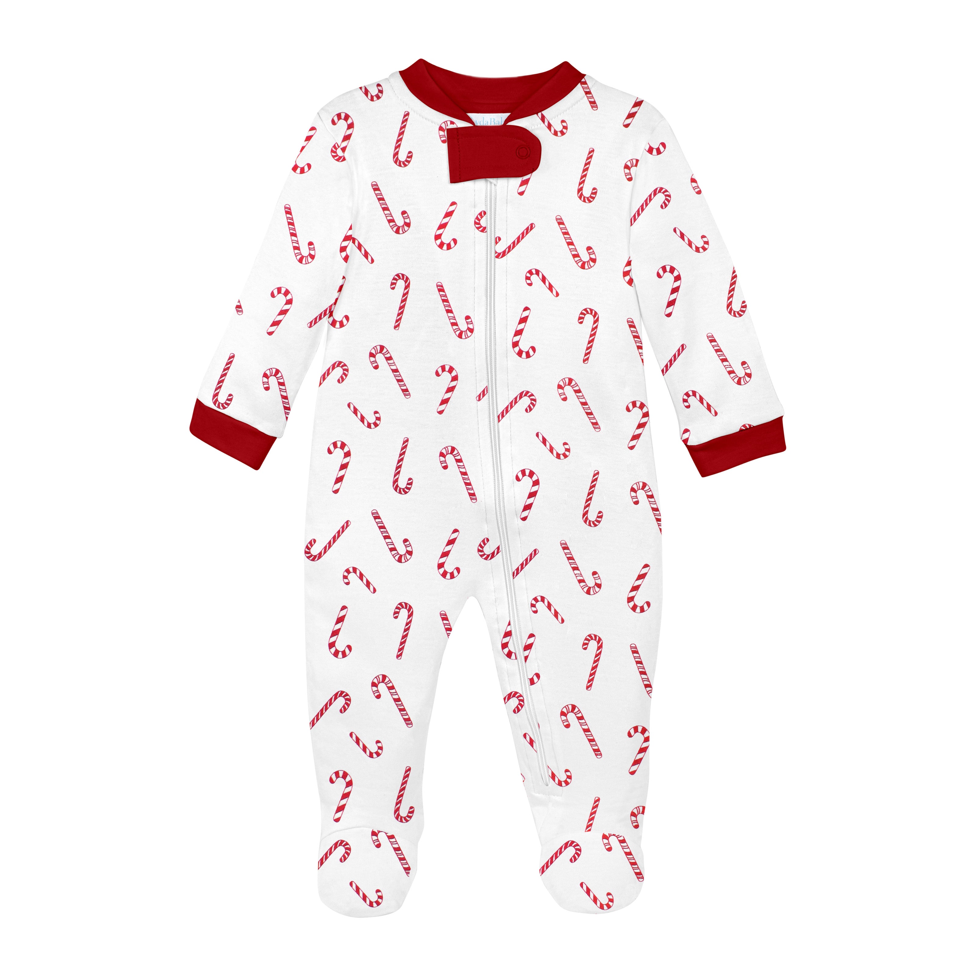 Unisex luxury zipper footie in Peruvian Pima cotton with red candy cane print and red trim