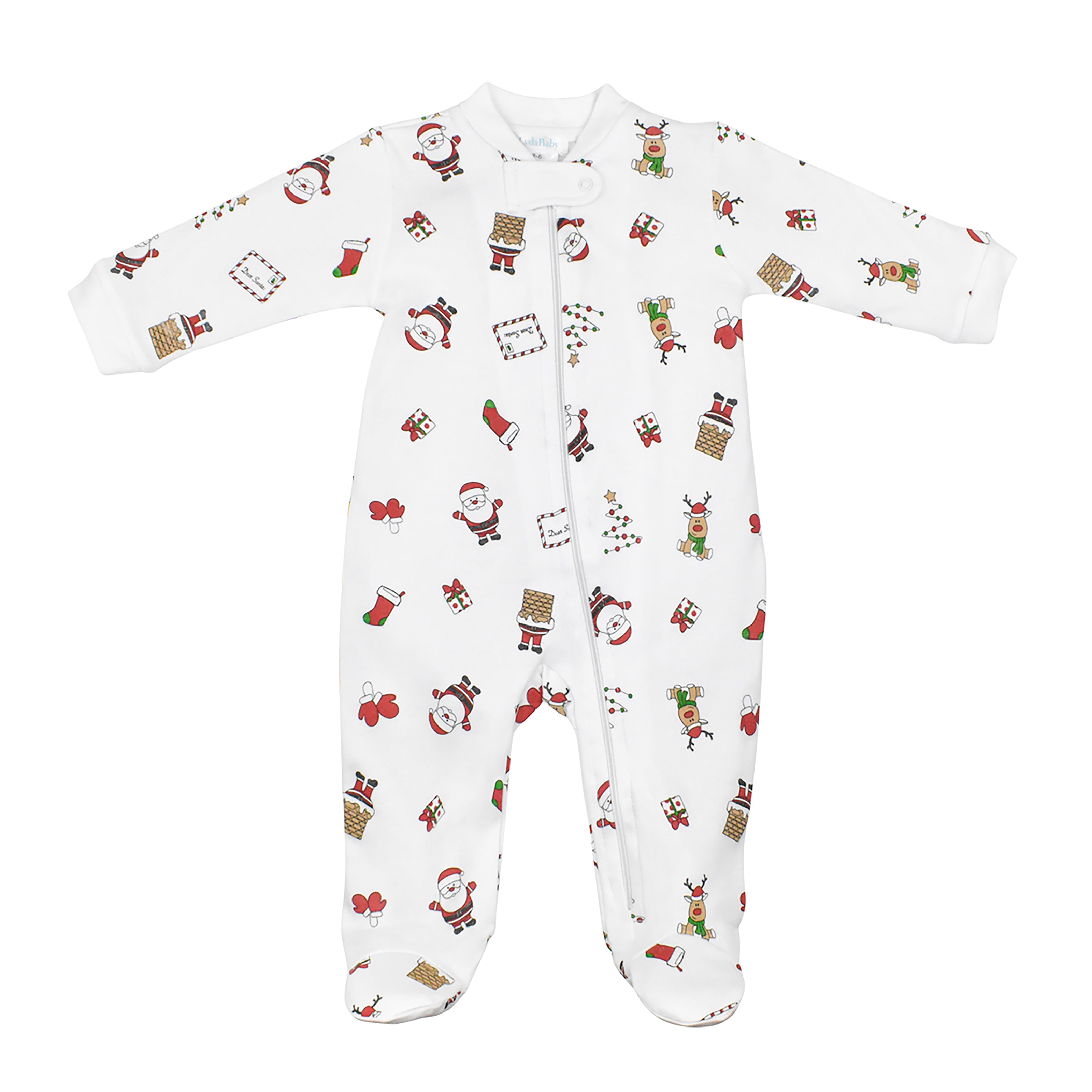 Unisex zipper footie in Peruvian Pima cotton with Christmas icons print – Santa, chimney, stockings, gifts, and reindeer