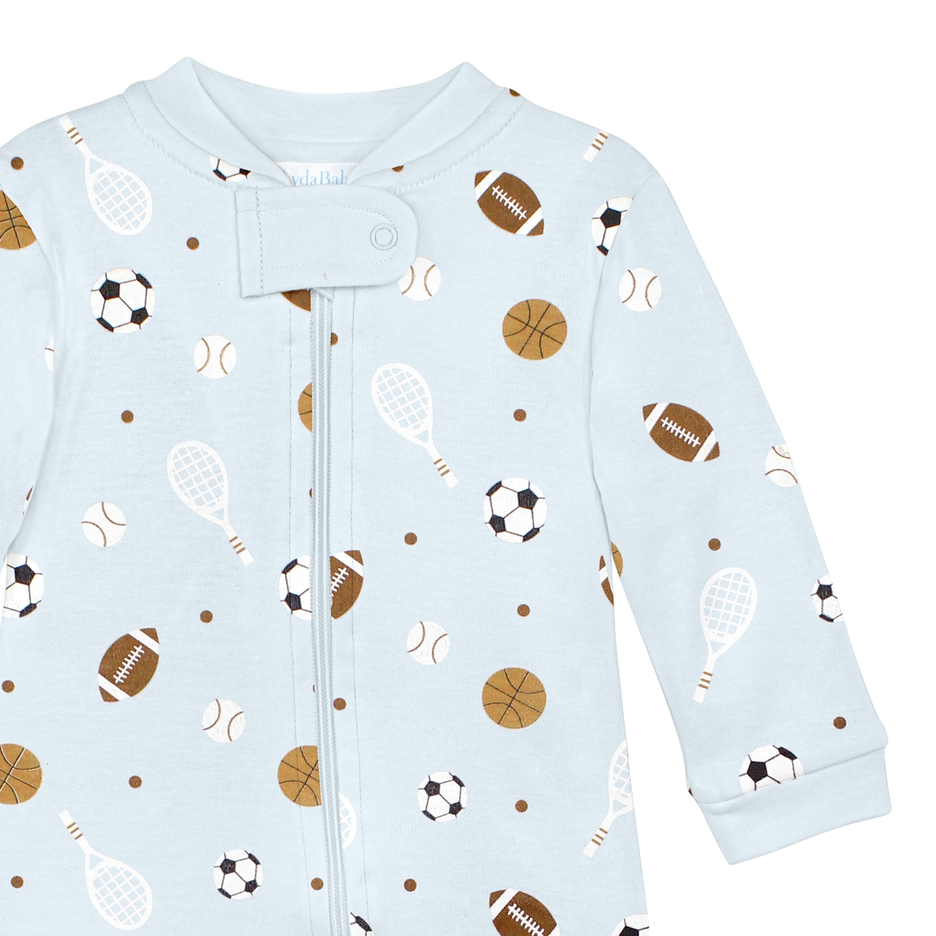 Lydababy, Baby boy zipper footie with sports balls print made from luxurious Peruvian Pima cotton
