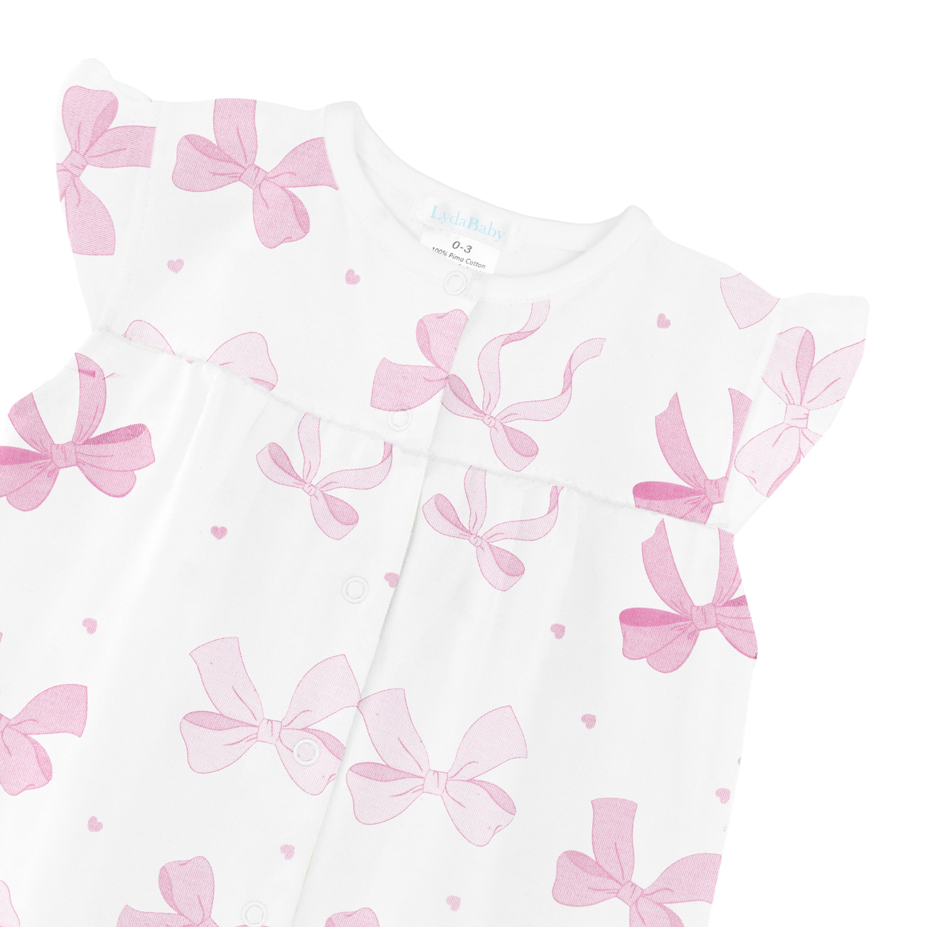 Baby girl short romper with pink bow print and flutter sleeves in soft Peruvian Pima cotton.