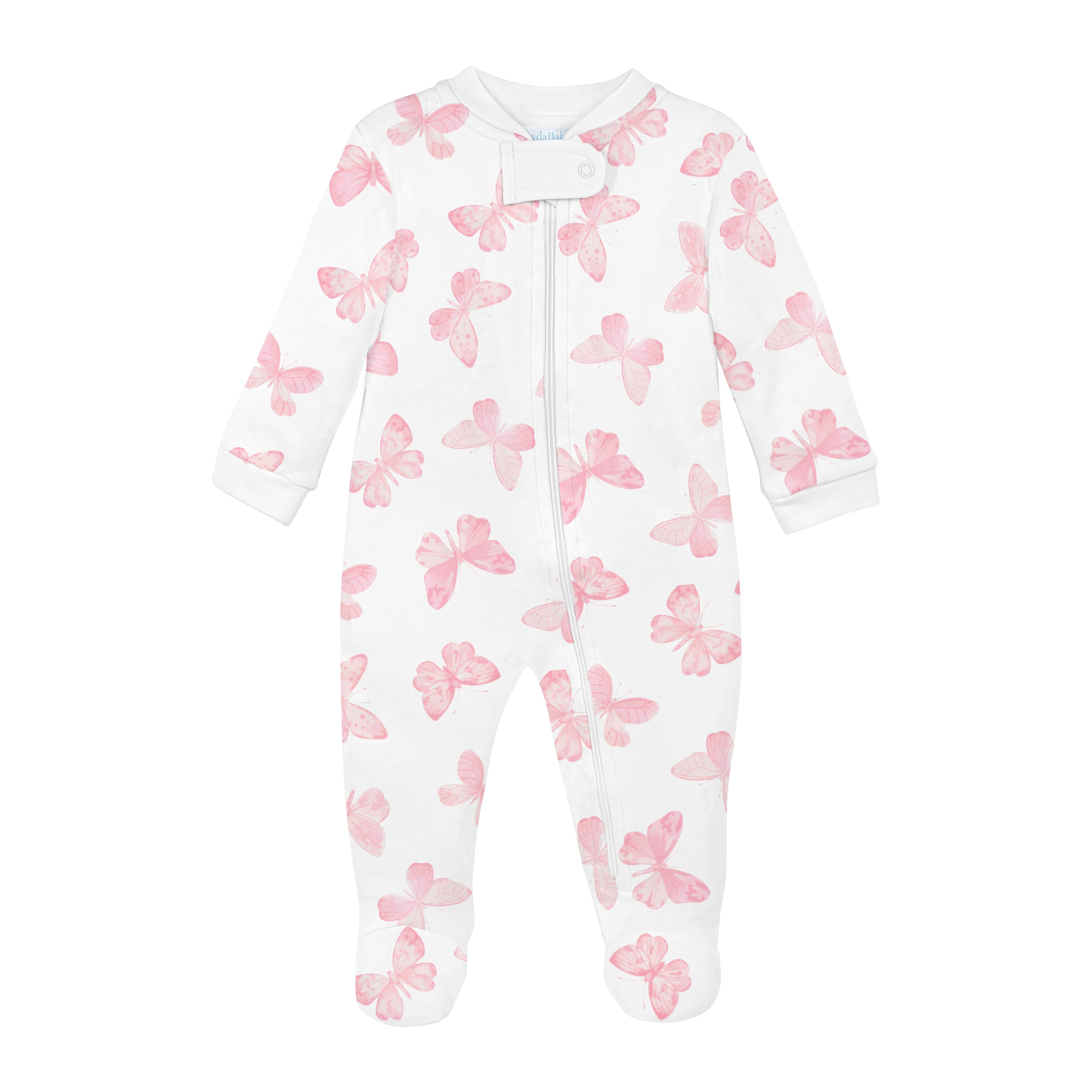 Luxury baby girl zipper footie with watercolor butterfly print made from ultra-soft Peruvian Pima cotton.