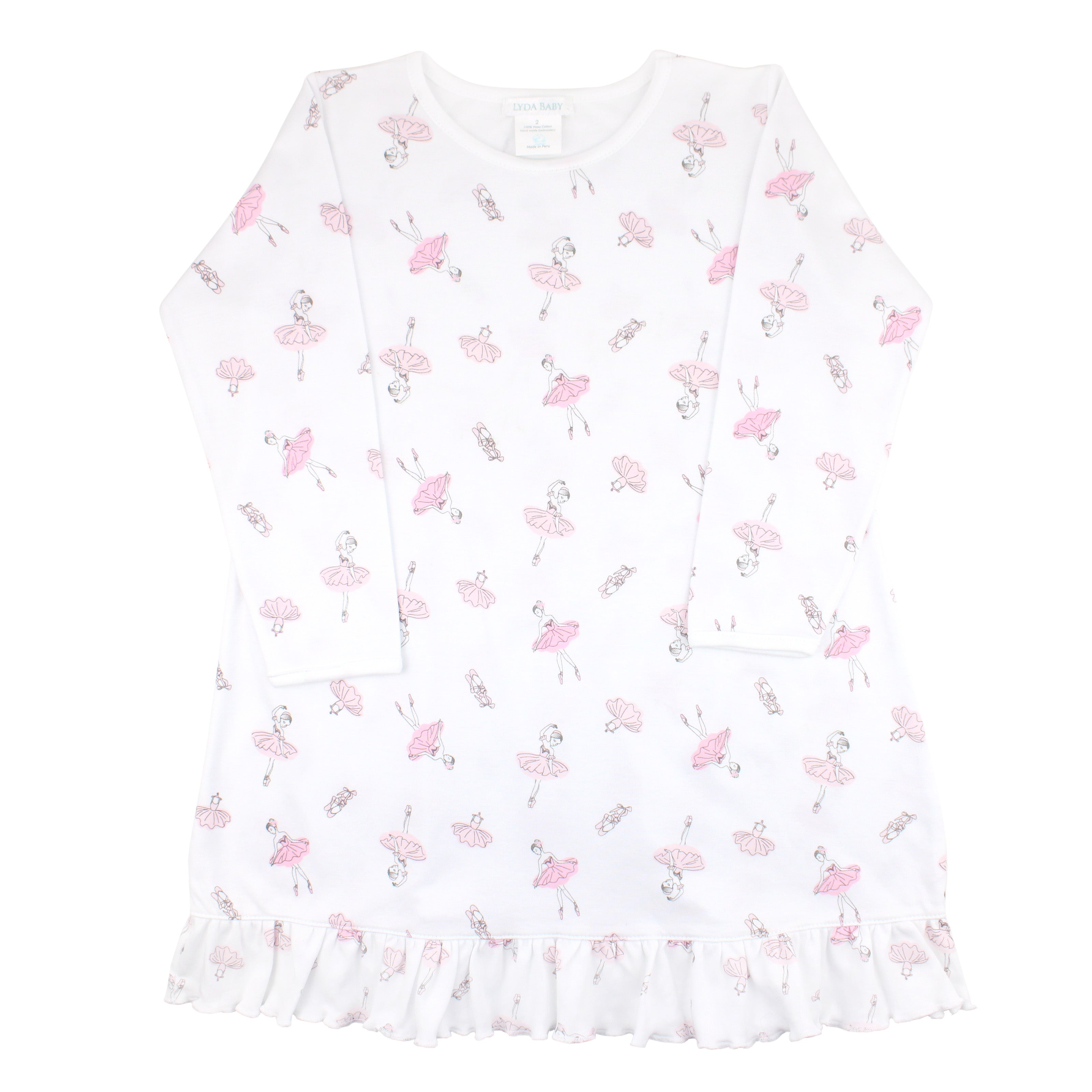 Elegant and ultra-soft baby girl pajama dress in luxurious Peruvian Pima cotton with delicate dancing ballerinas print — gentle and breathable for restful sleep.
