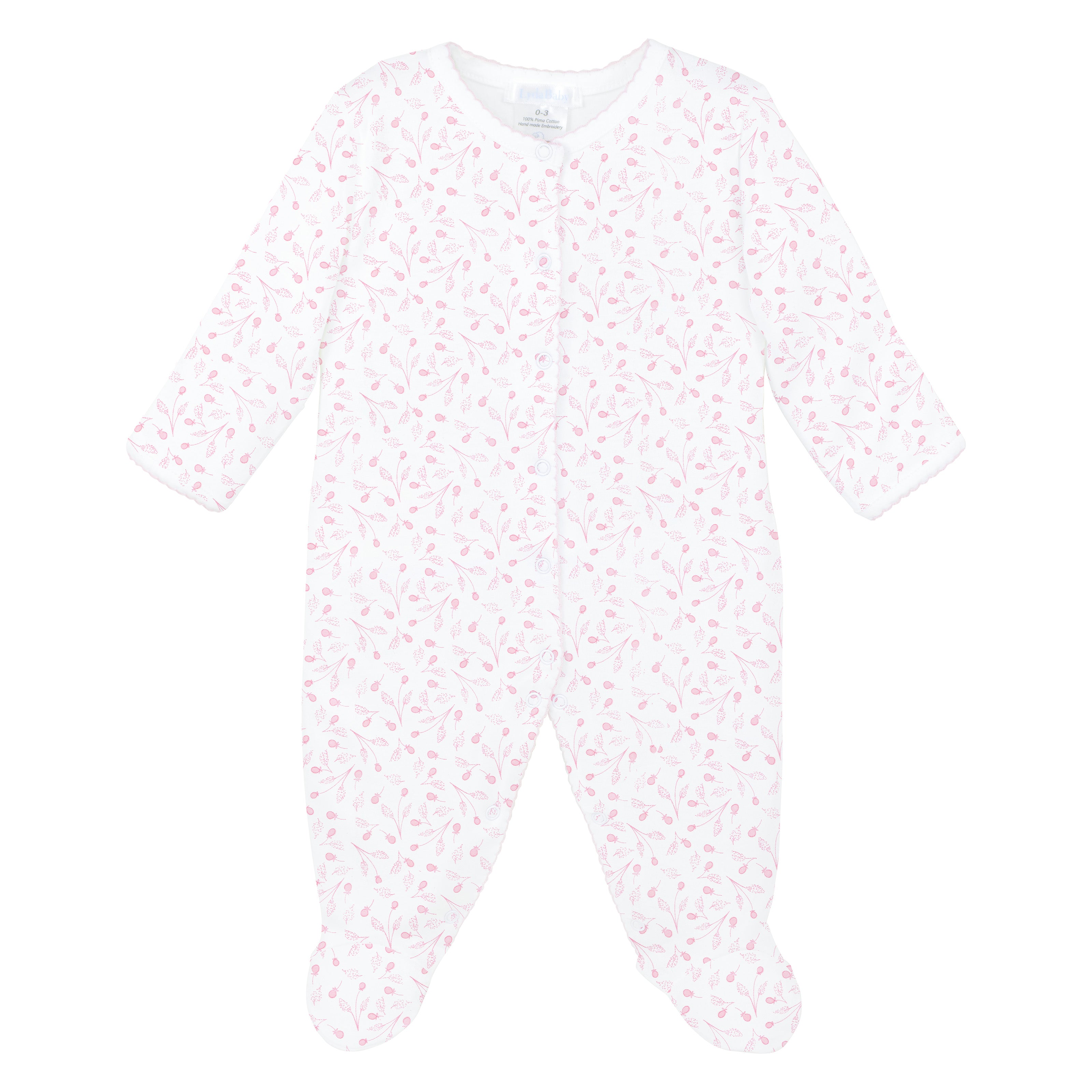 Sweet baby girl footie featuring an all-over pink fruit print, designed in breathable and ultra-soft Peruvian Pima cotton to keep newborn skin comfortable and cozy.