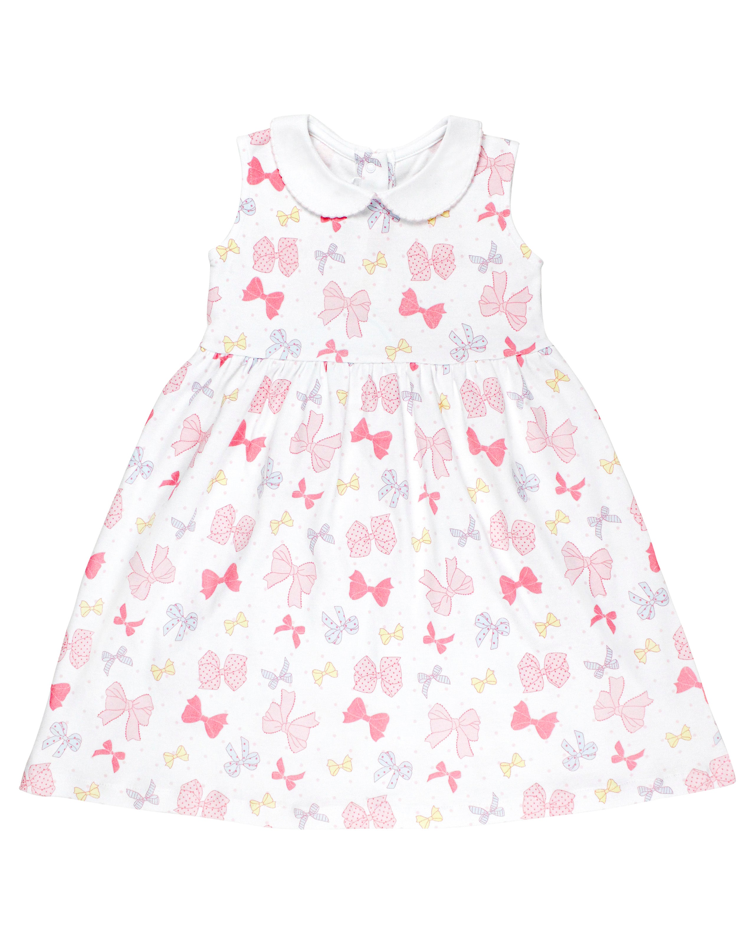 Sleeveless baby girl dress in Peruvian Pima cotton with pink ribbon print, printed chest detail, and scalloped collar — soft, breathable, and perfect for warm days.