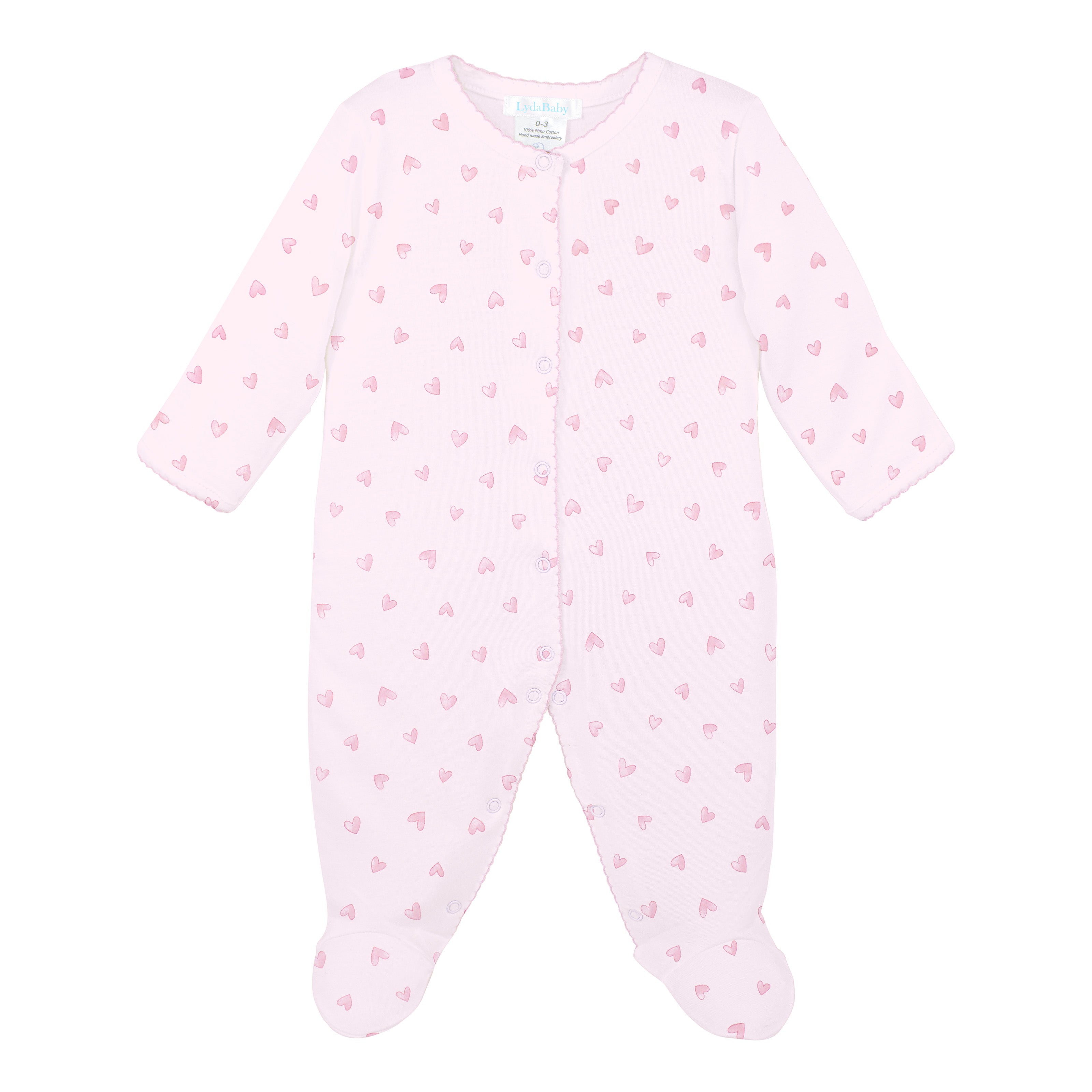 Luxury pink newborn footie featuring delicate watercolor heart print crafted from ultra-soft Peruvian Pima cotton for all-day comfort and gentle skin care.