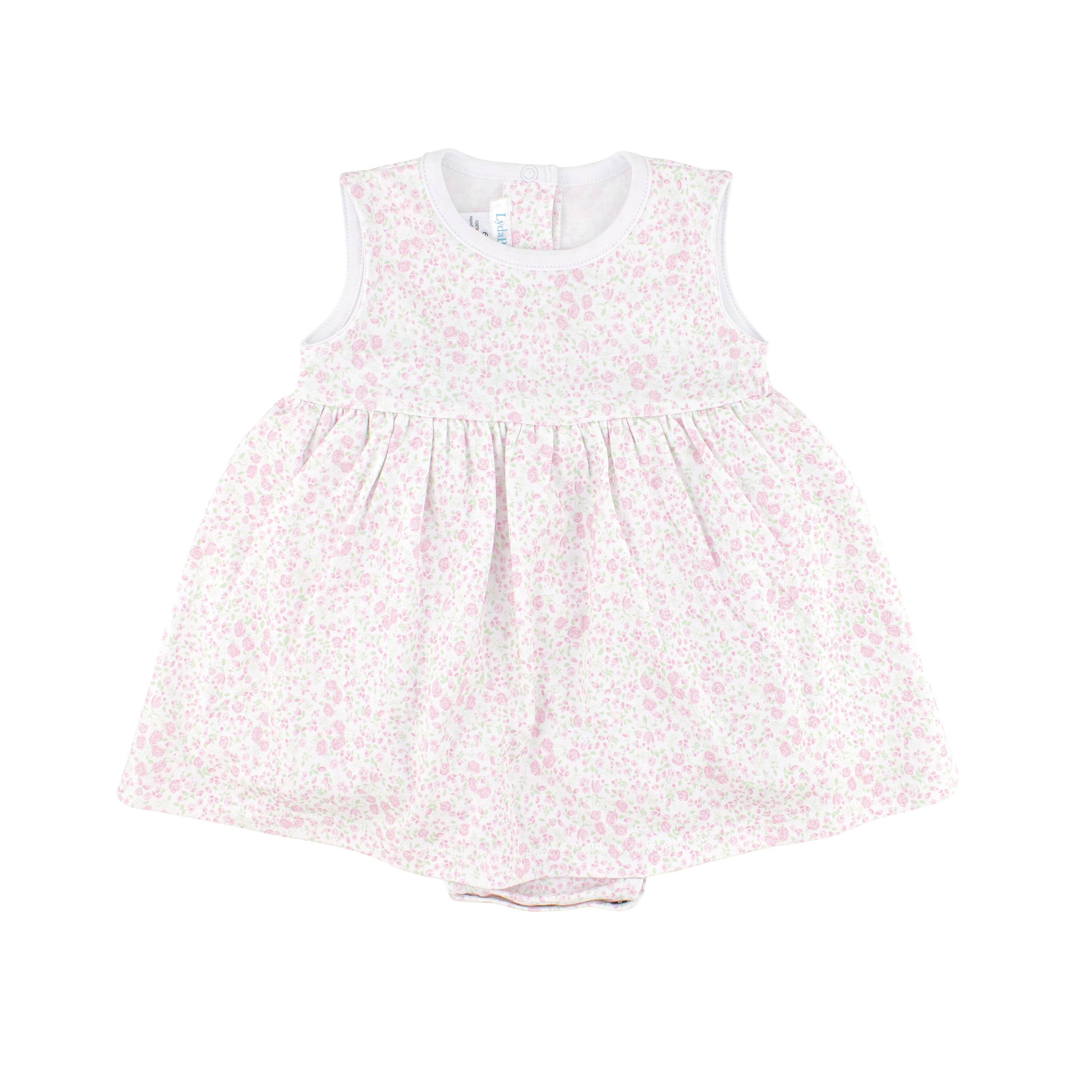 Sleeveless baby girl dress with tiny pink floral print made from soft Peruvian Pima cotton. Lydababy