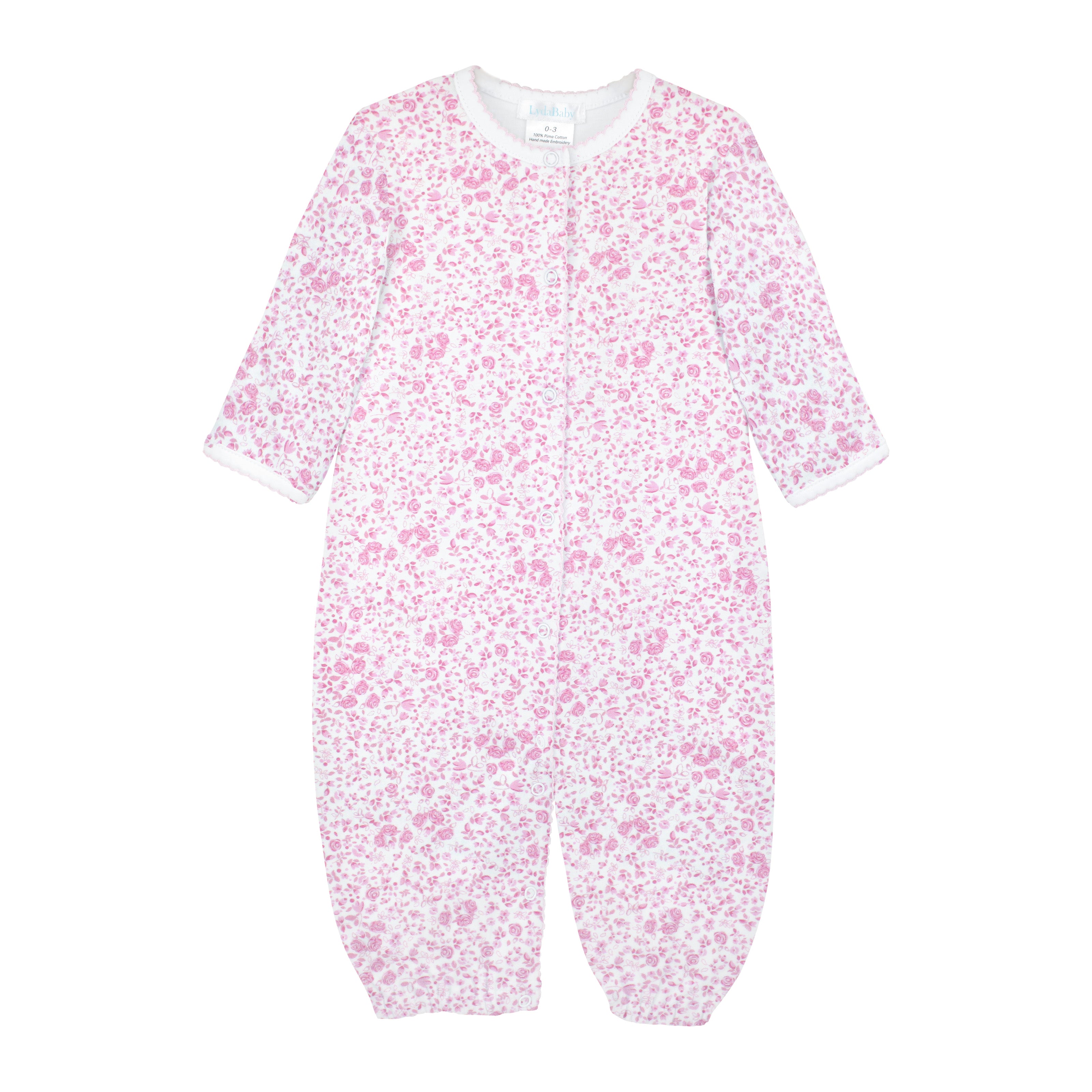 Allover pink floral baby girl converter with exclusive Roses Garden print and hand-embroidered details on the snaps — made from breathable, ultra-soft Peruvian Pima cotton for everyday comfort.