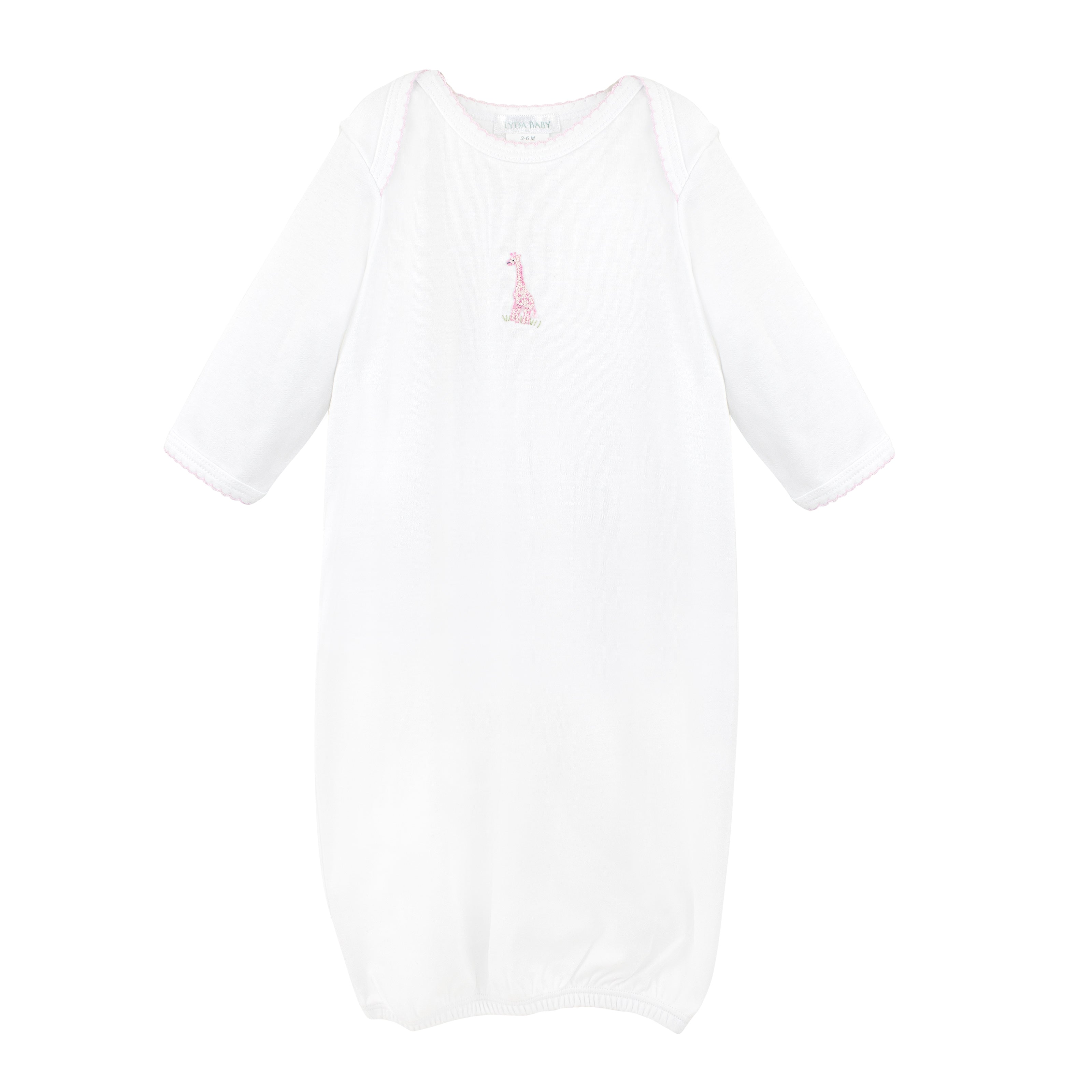 Peruvian Pima cotton baby girl gown with pink hand-embroidered safari animal — luxurious, breathable, and ideal for delicate newborn skin.
